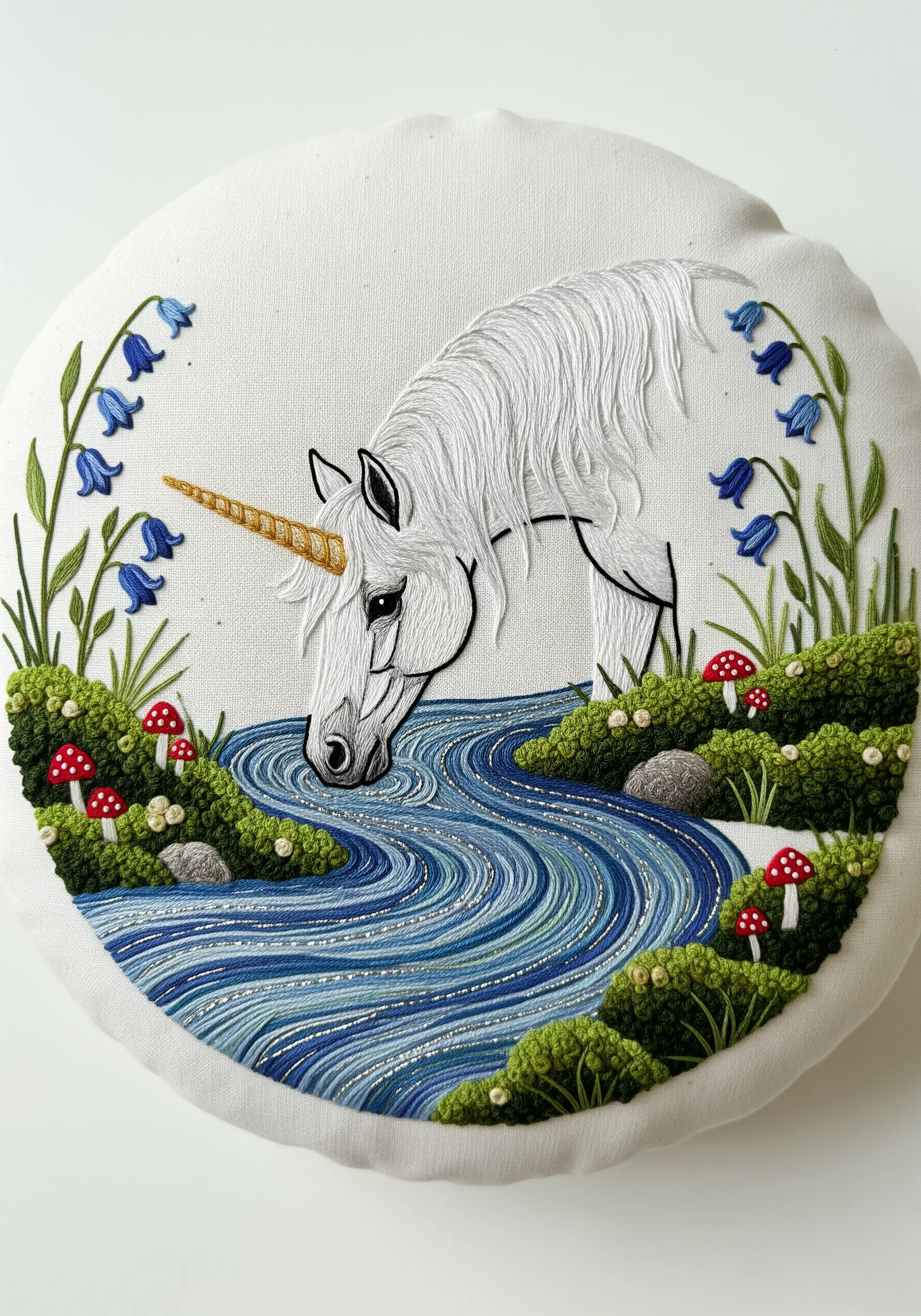 Unicorn drinking from a shimmering embroidered stream with textured mossy banks.