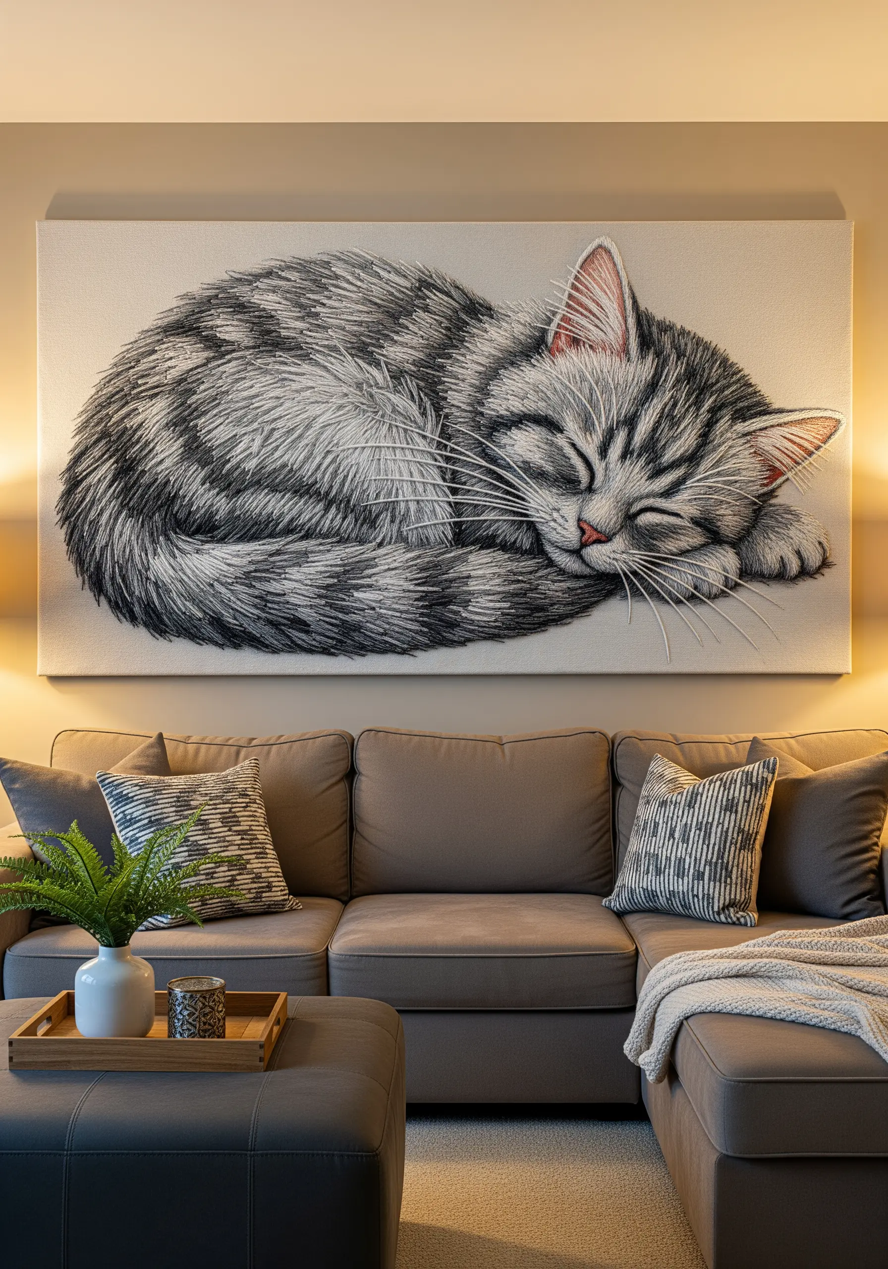 A large, realistic thread-painted portrait of a sleeping silver tabby cat