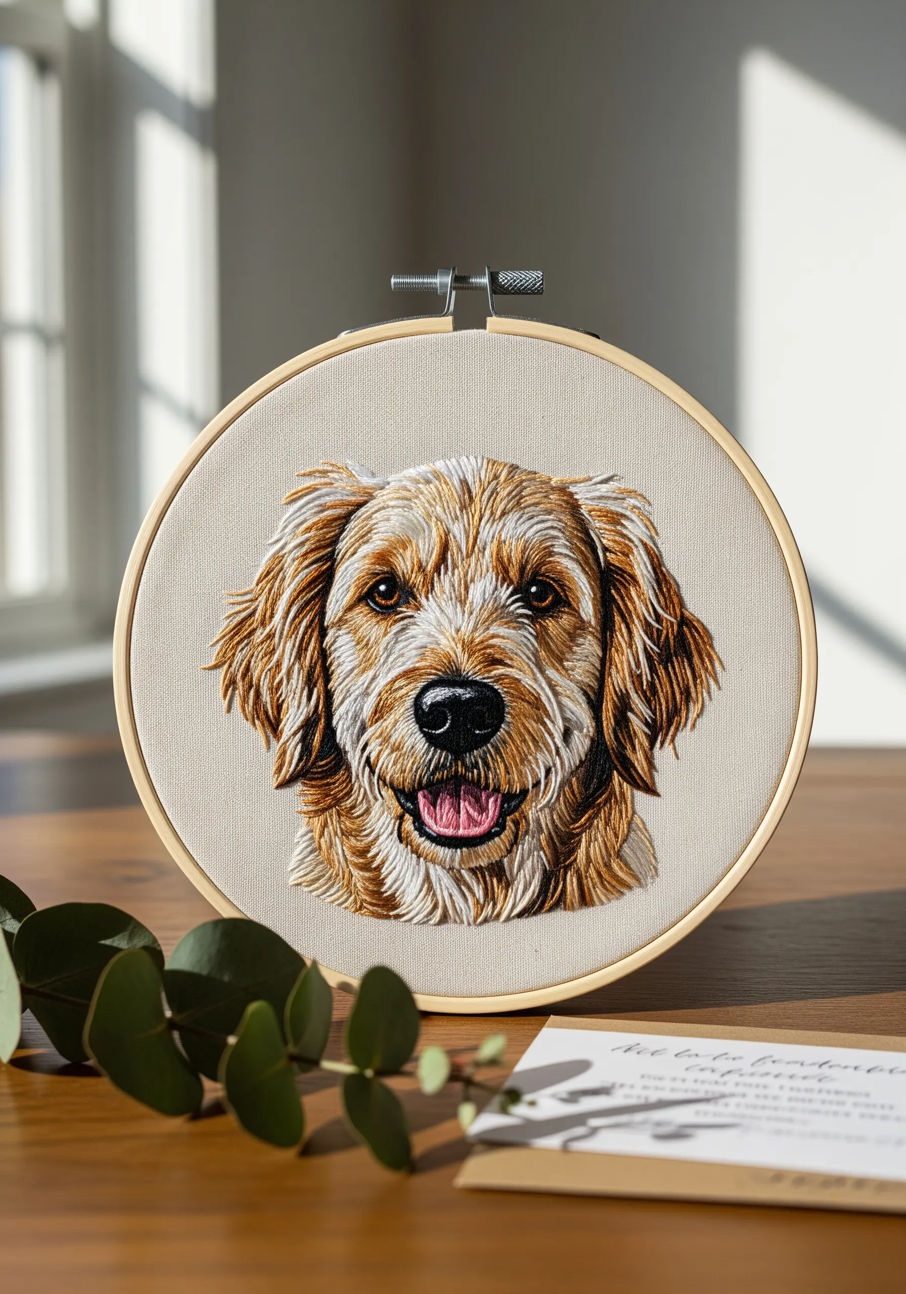 A detailed, thread-painted embroidery portrait of a golden retriever in a wooden hoop.