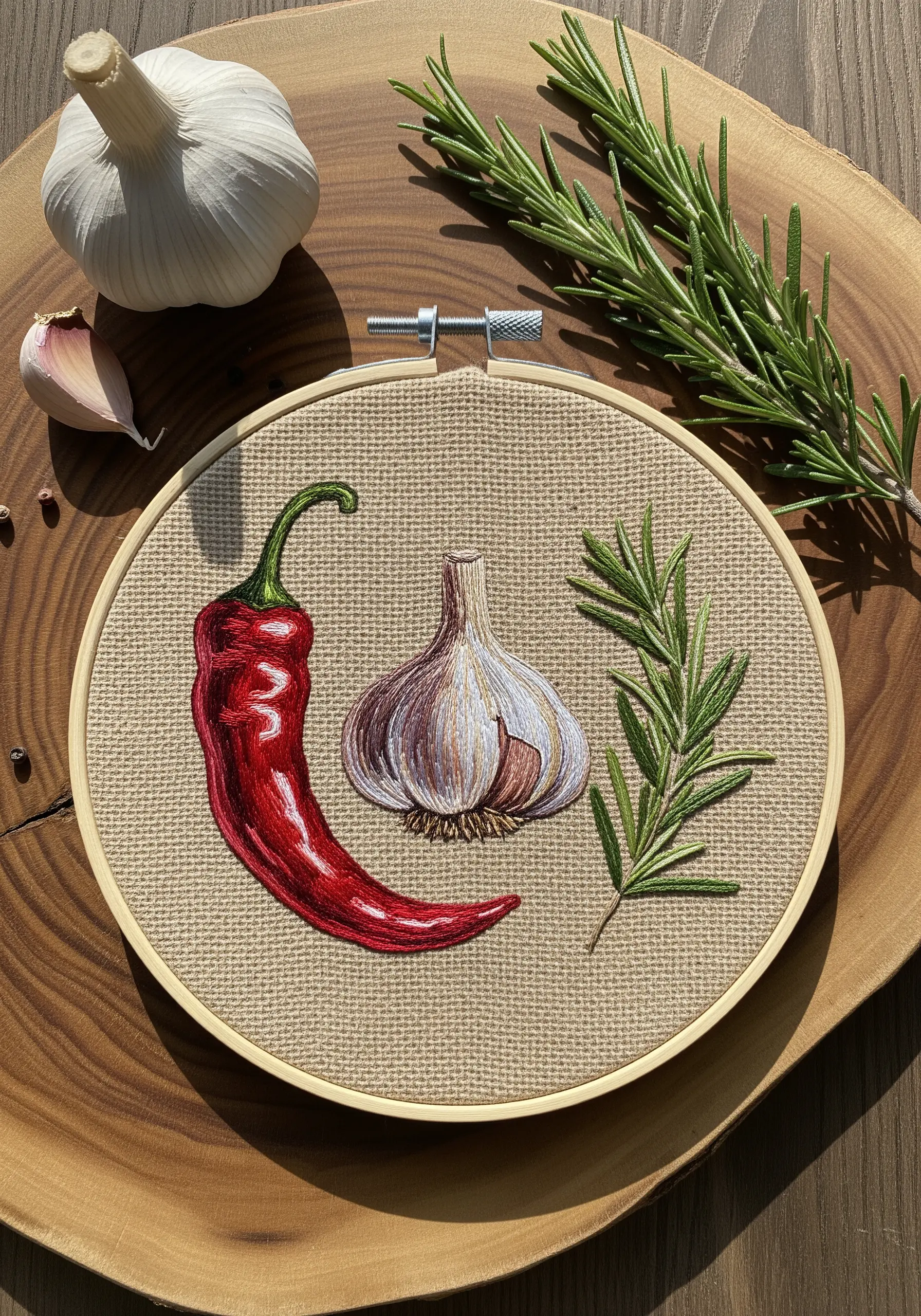 Realistic embroidery of a red chili, a head of garlic, and a sprig of rosemary.