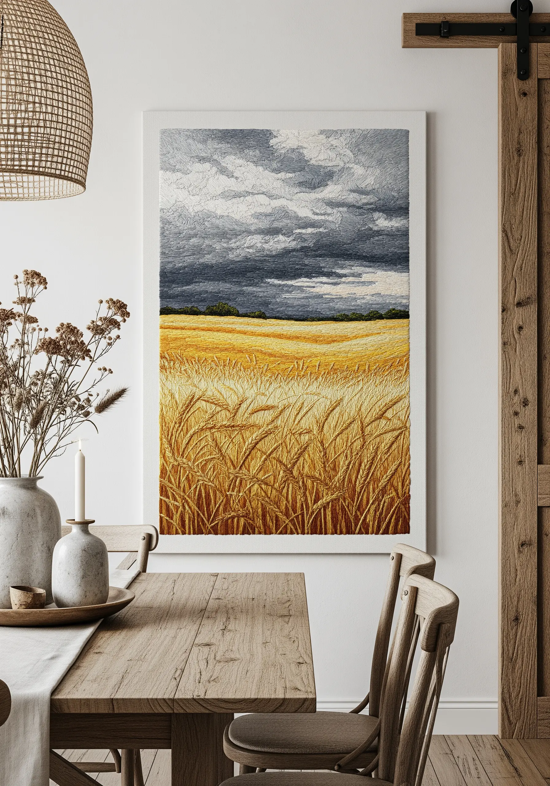 Embroidery of a stormy sky over a golden wheat field