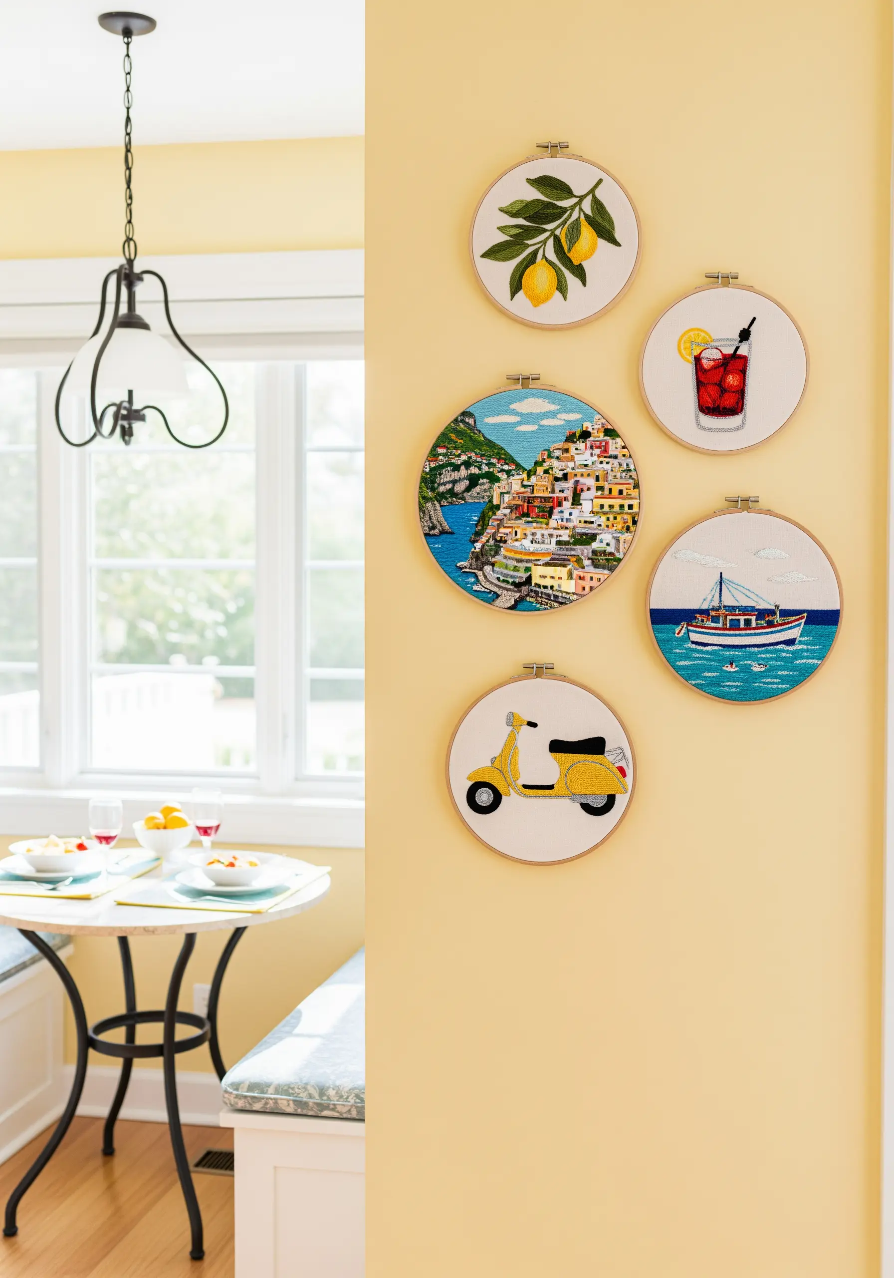 Five embroidery hoops with Italian coastal themes like lemons, a scooter, and Positano.
