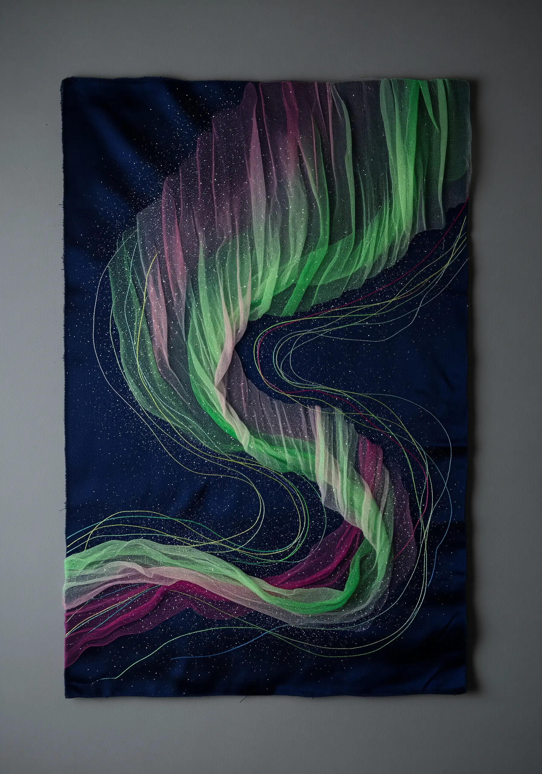 An abstract textile piece depicting the aurora borealis using flowing green and pink tulle.