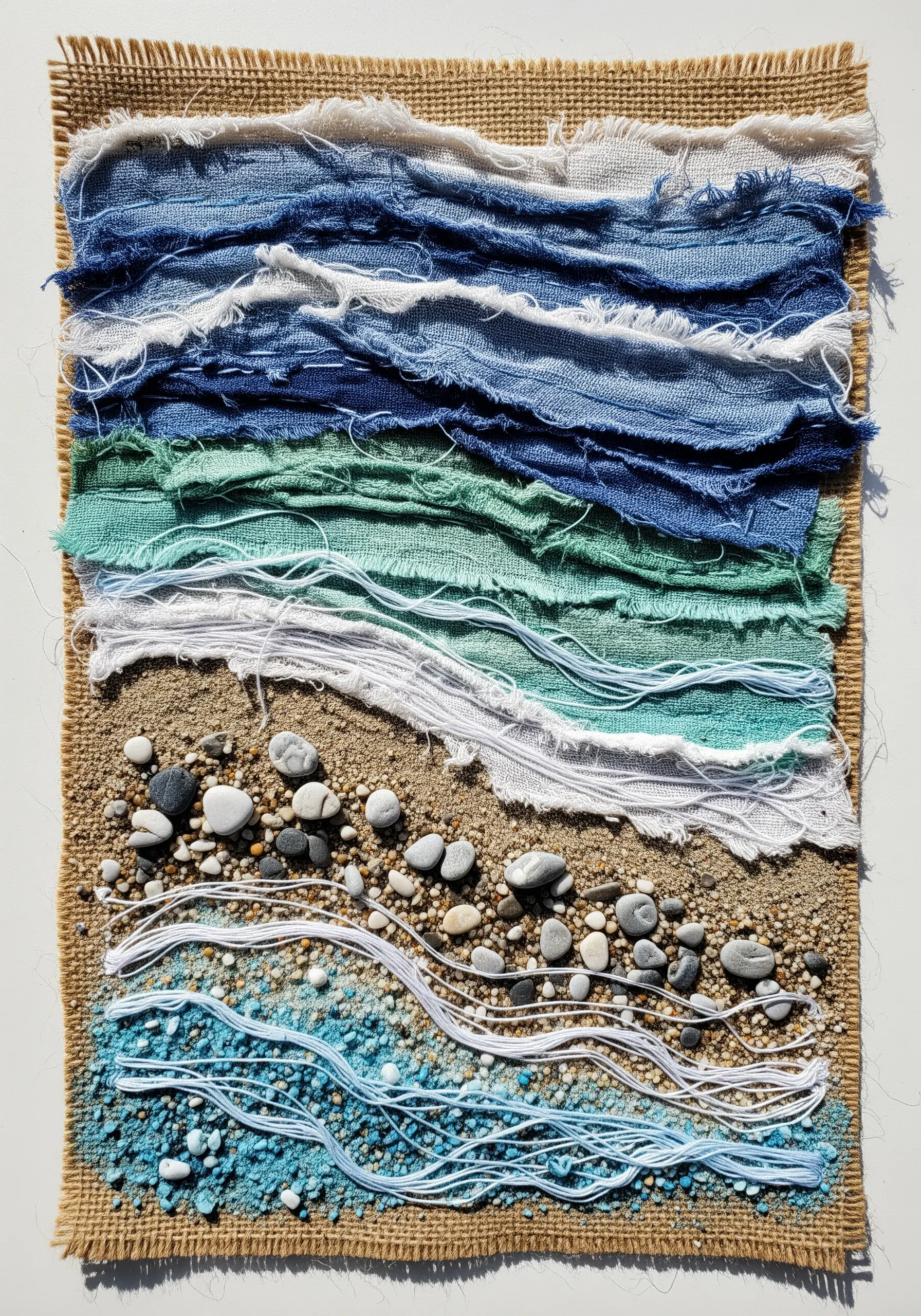 A coastal collage on burlap with frayed blue fabric, sand, pebbles, and loose white threads.