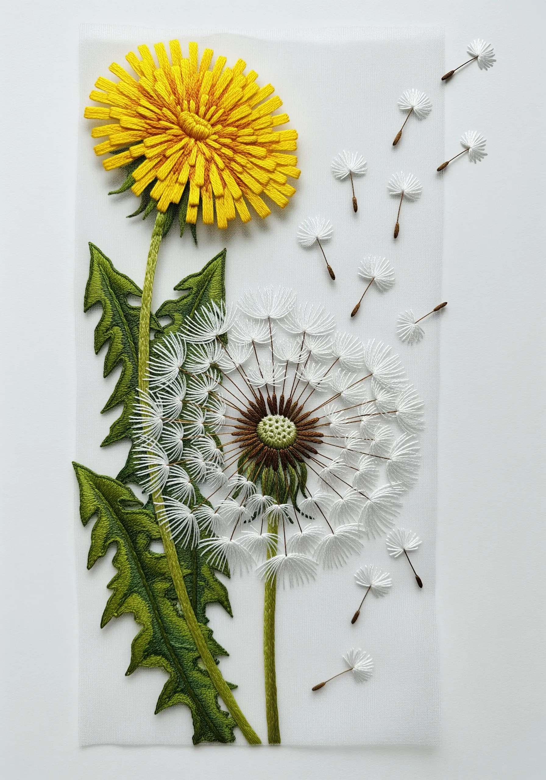 A hyper-realistic embroidery of a dandelion flower and a fluffy seed head with seeds blowing away.