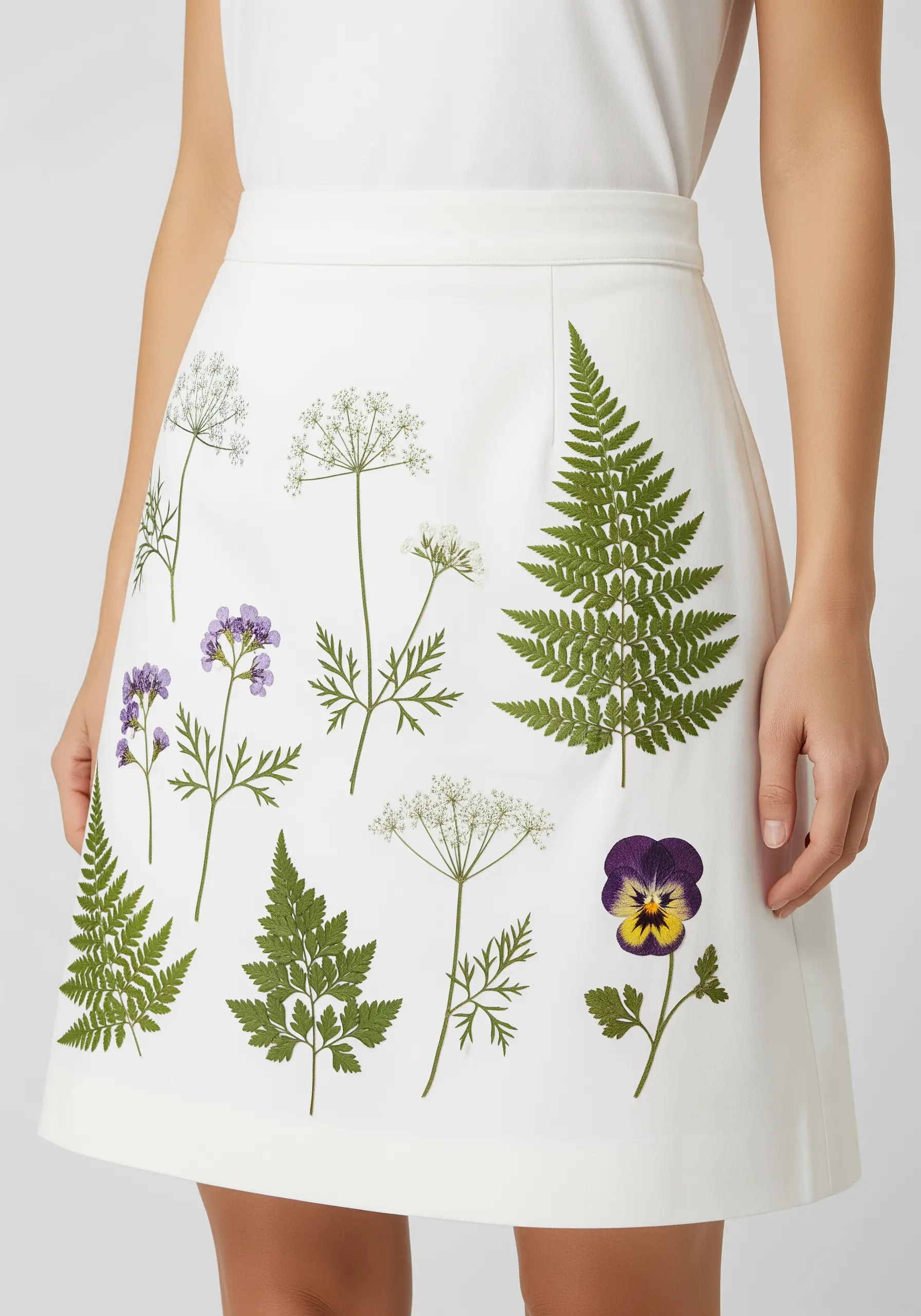 Embroidery that mimics the look of pressed ferns and wildflowers on a white skirt.