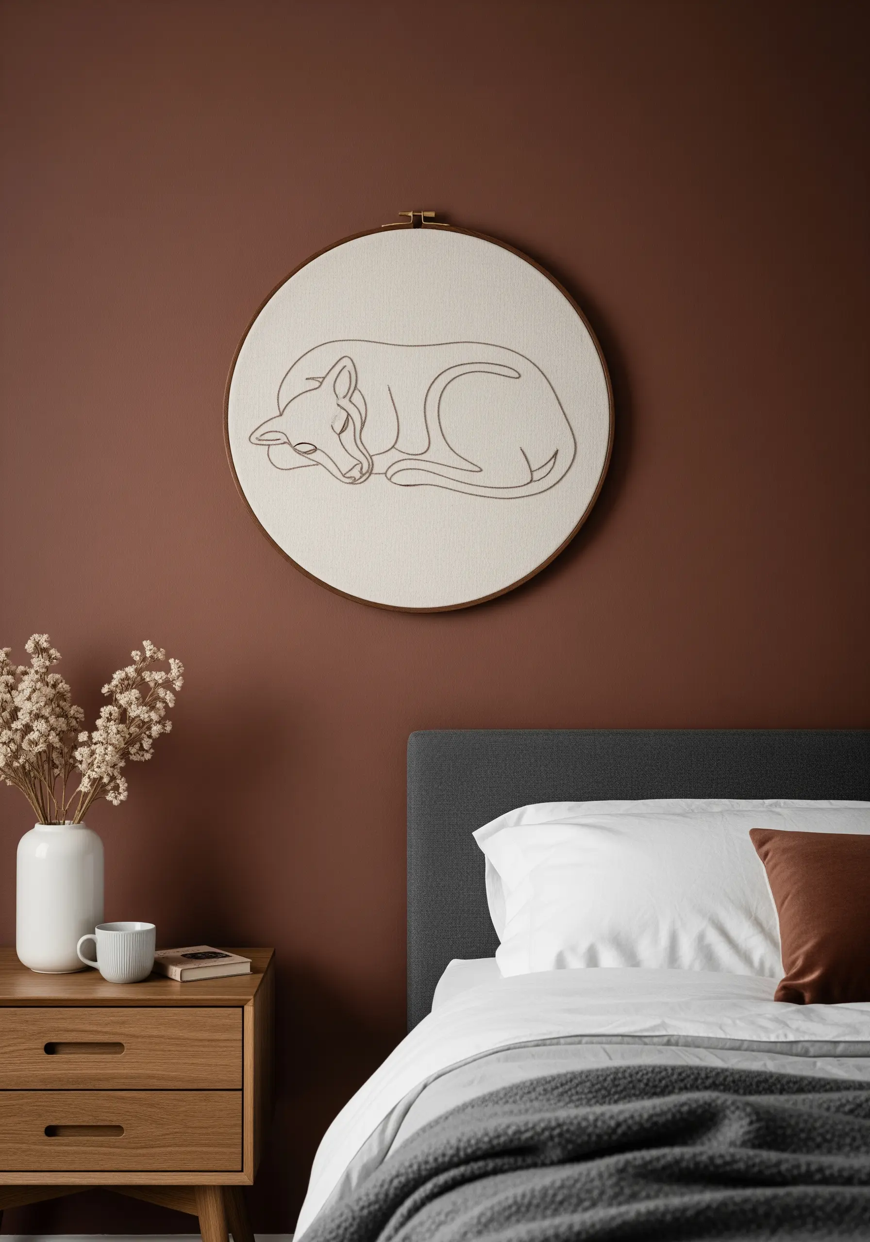 Minimalist line art of a sleeping cat stitched in a single, continuous line on off-white fabric.