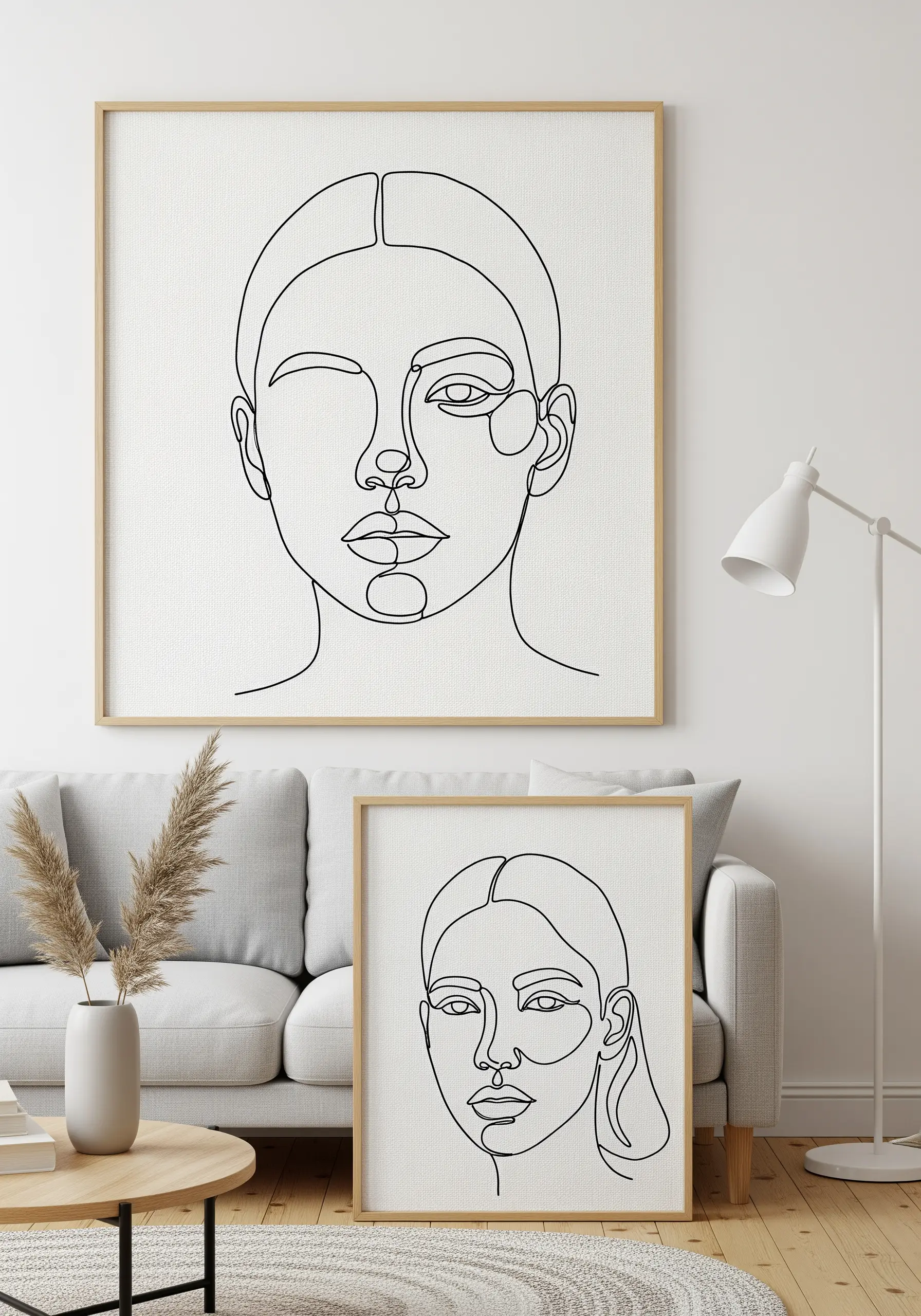 Two framed pieces of minimalist one-line art portraits embroidered in black thread.