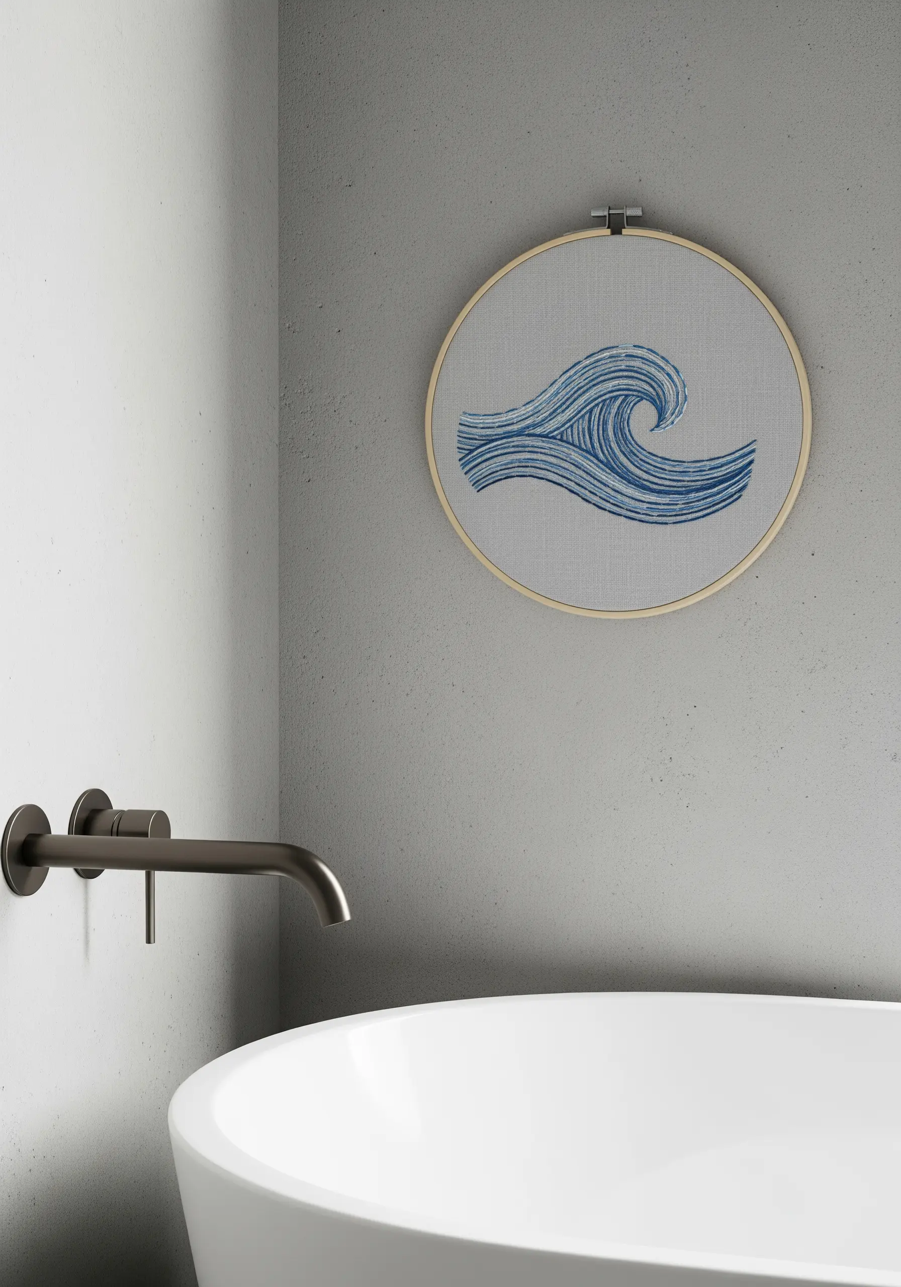 A minimalist embroidery of a cresting wave, created with parallel blue lines on gray fabric.