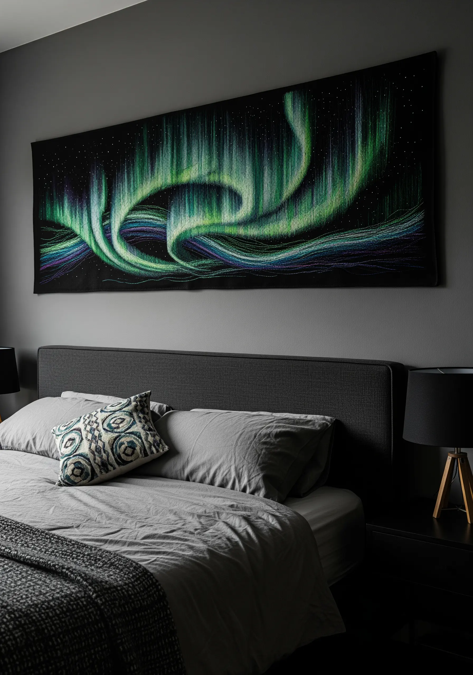 A large, intricate embroidery of the green northern lights over a dark bed.
