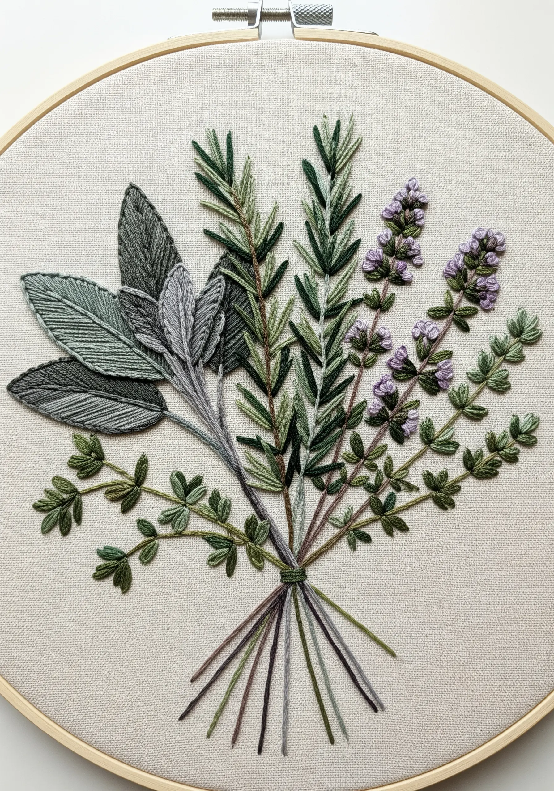 A simple, elegant embroidered bouquet of sage, rosemary, and thyme on a neutral background.