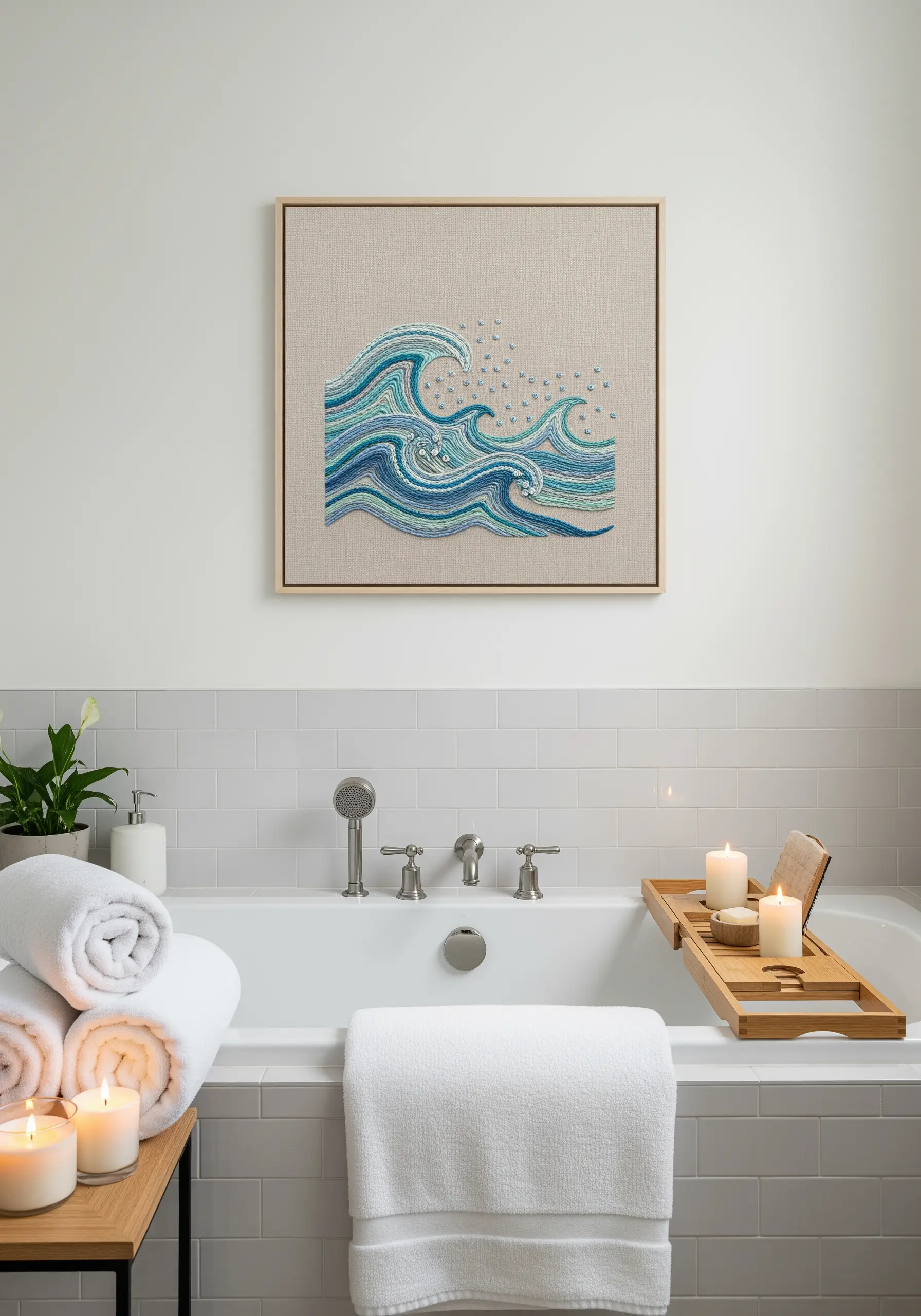Framed embroidery of stylized ocean waves in shades of blue and turquoise above a bathtub.