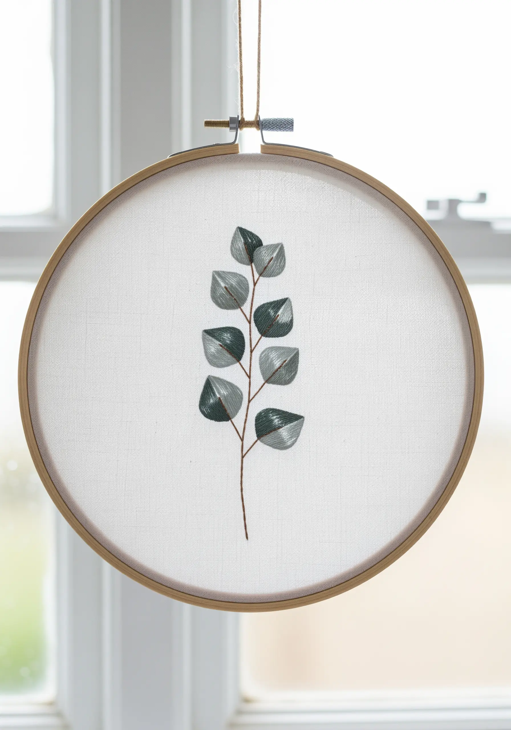 A simple branch of eucalyptus with silvery-green leaves embroidered on sheer fabric.