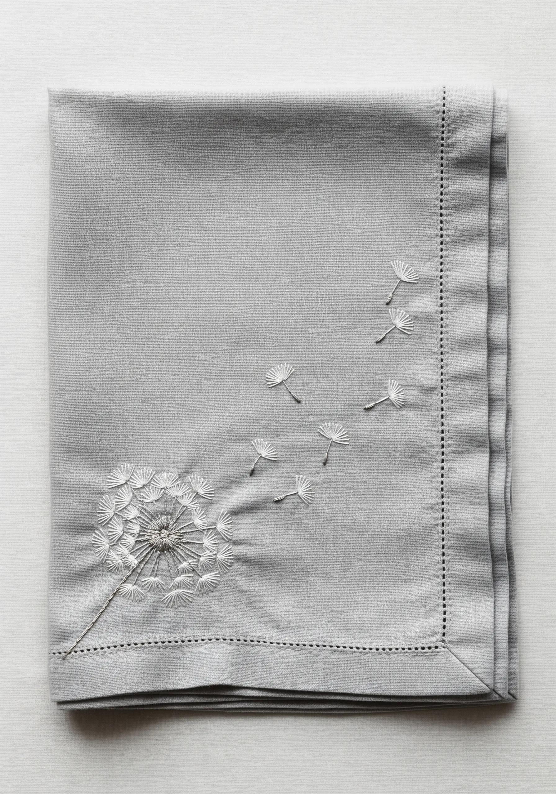 A folded grey napkin with delicate white embroidery of a dandelion head and seeds blowing in the wind.