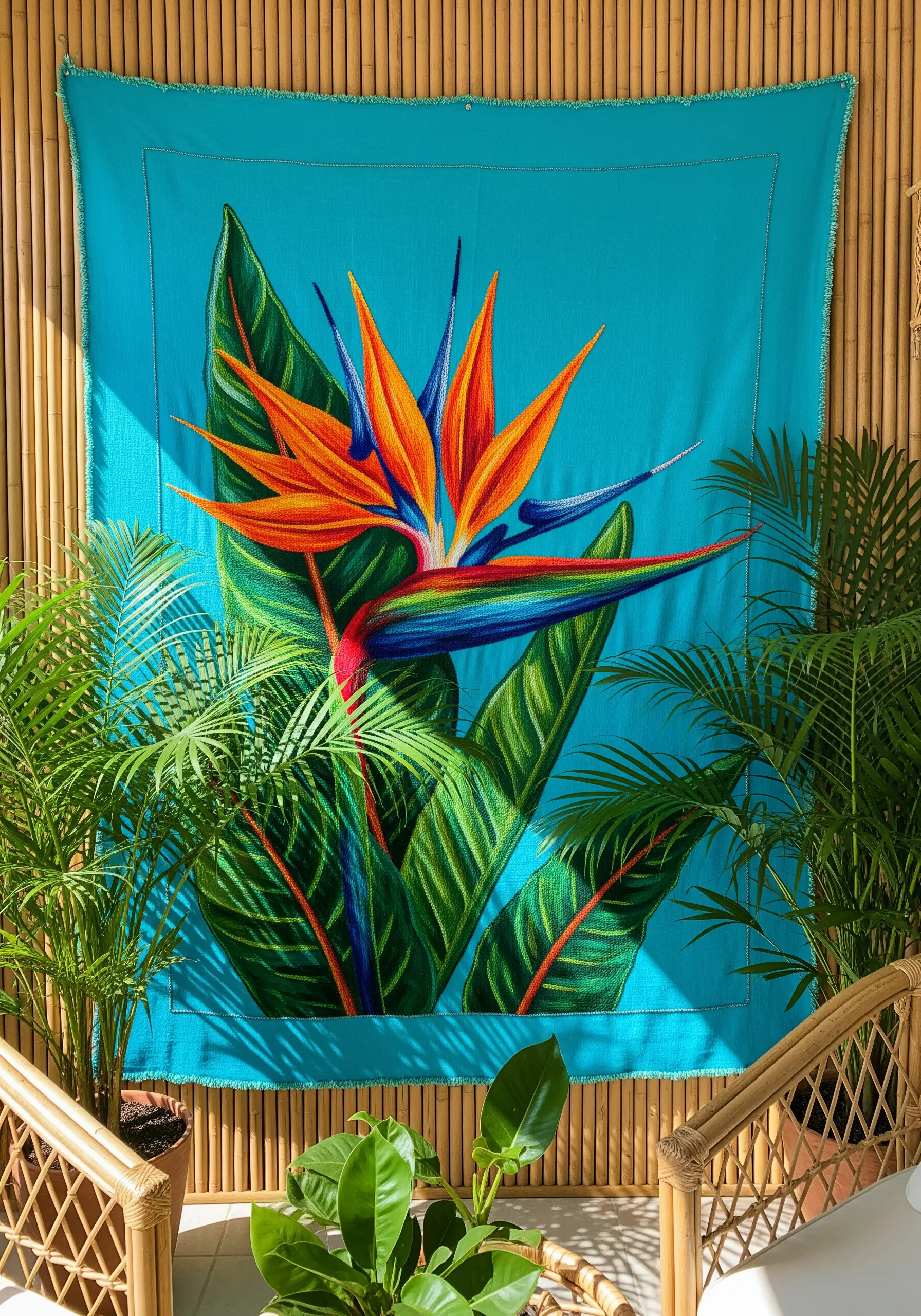 A brightly colored embroidered wall hanging of a Bird of Paradise flower.