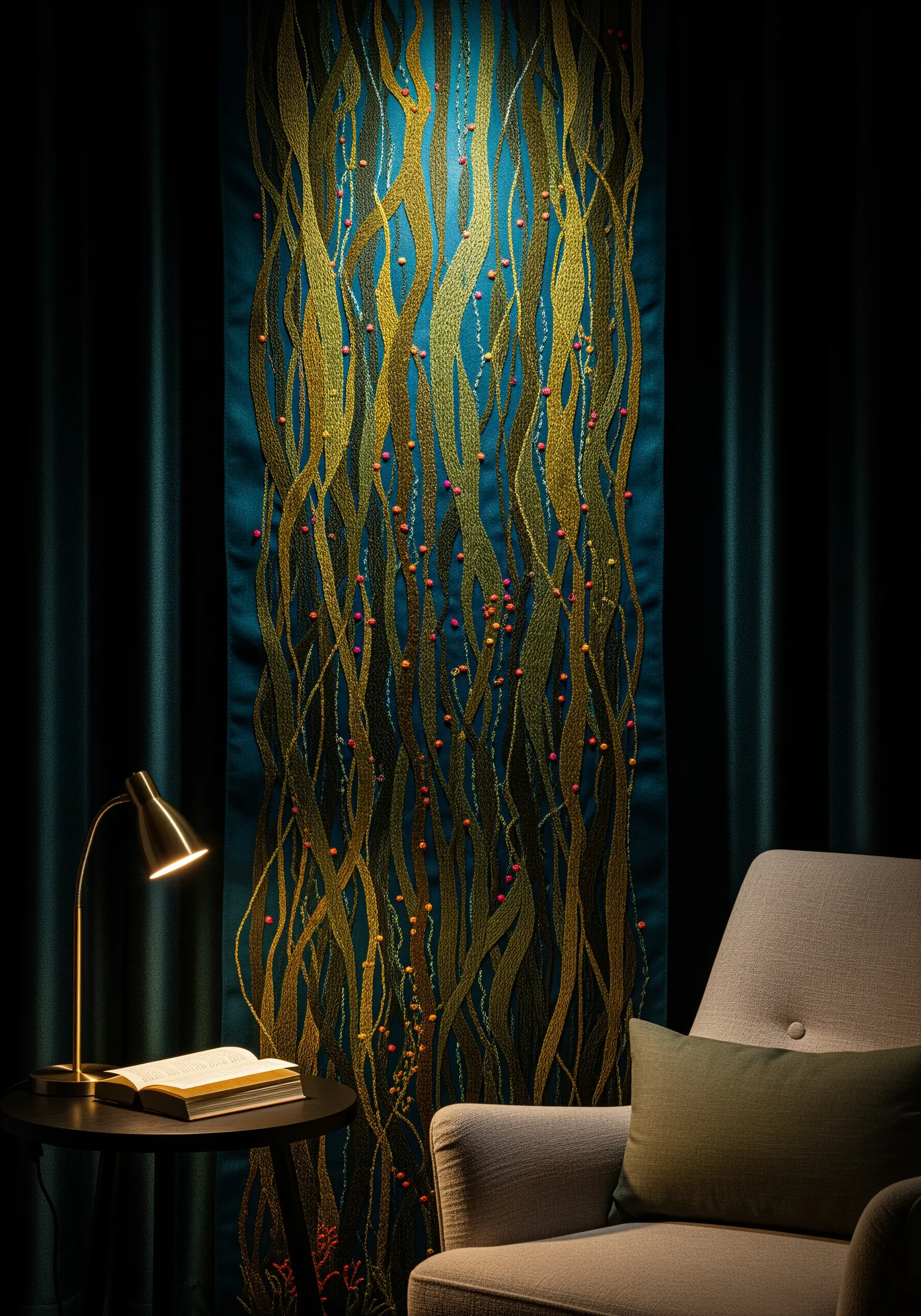 Tall, narrow embroidery of flowing seaweed with colorful beaded accents.