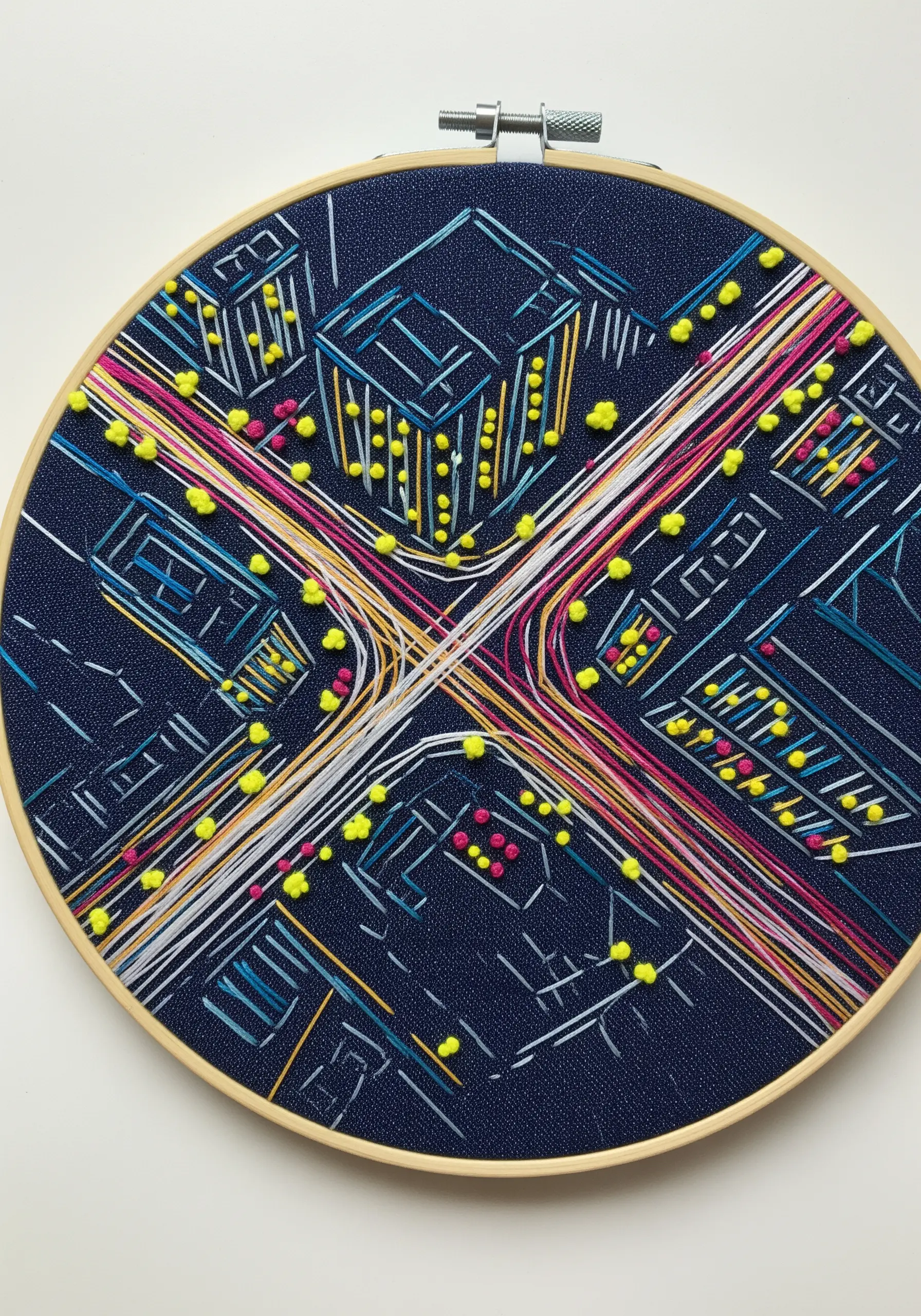 Abstract embroidery of a city intersection at night with light trails and glowing windows.
