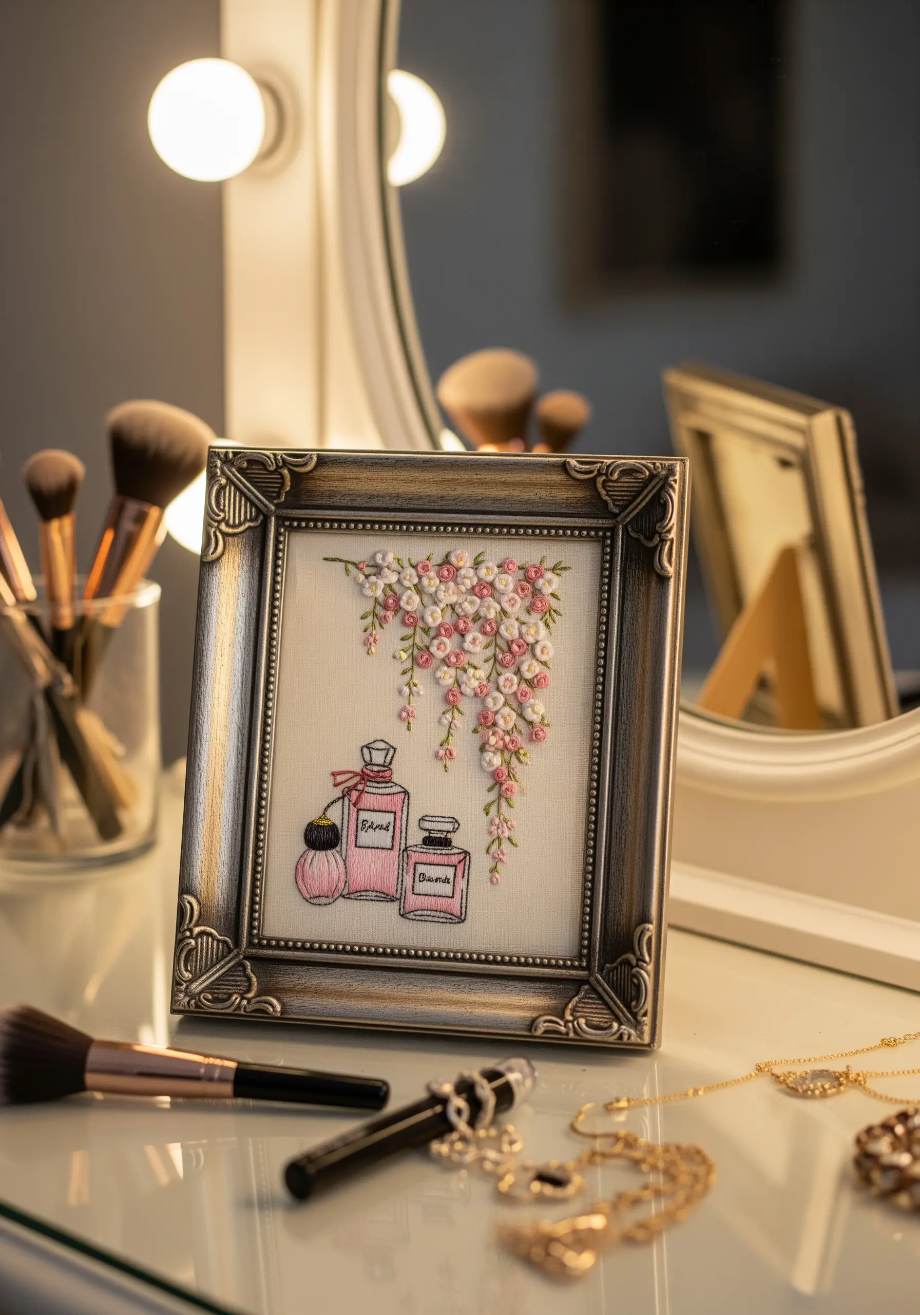 Framed embroidery of perfume bottles and cascading pink and white flowers on a vanity table.