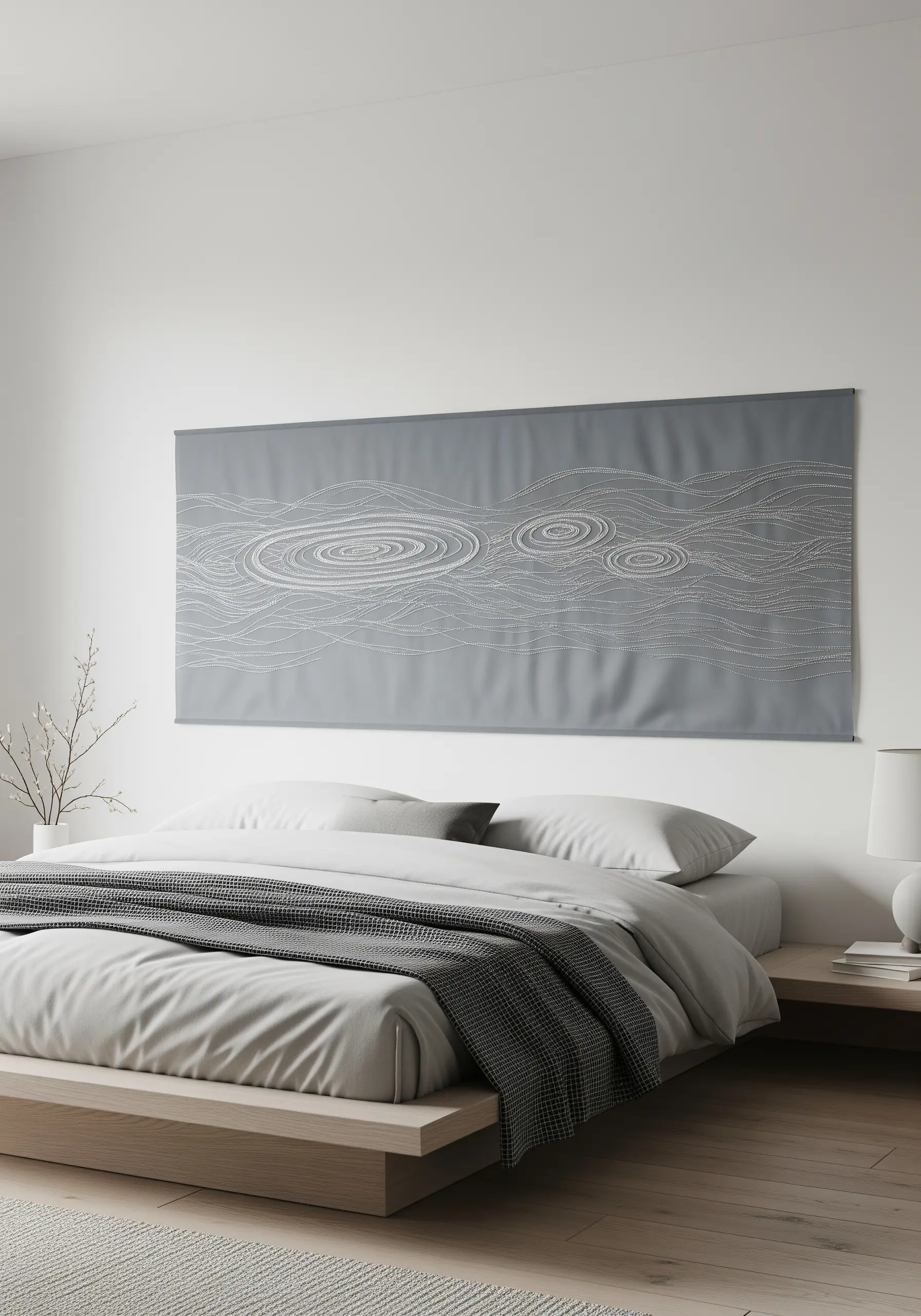 A grey wall hanging with abstract water ripple patterns made from white seed stitches.