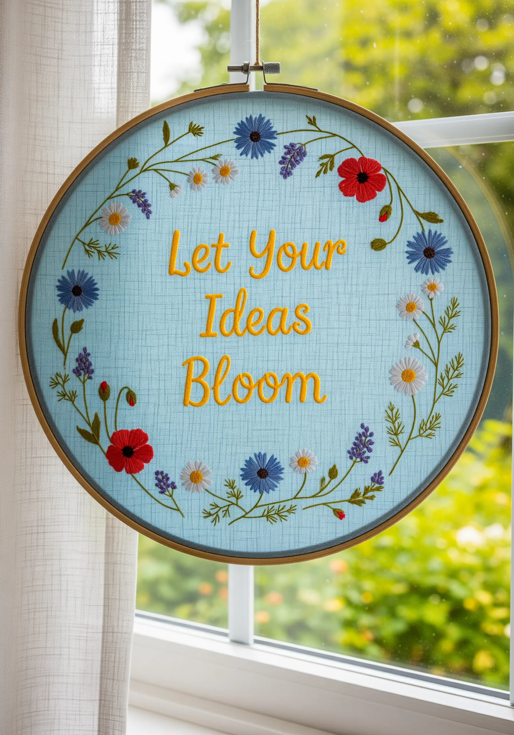 Embroidery on blue fabric with a colorful wildflower frame and yellow lettering.
