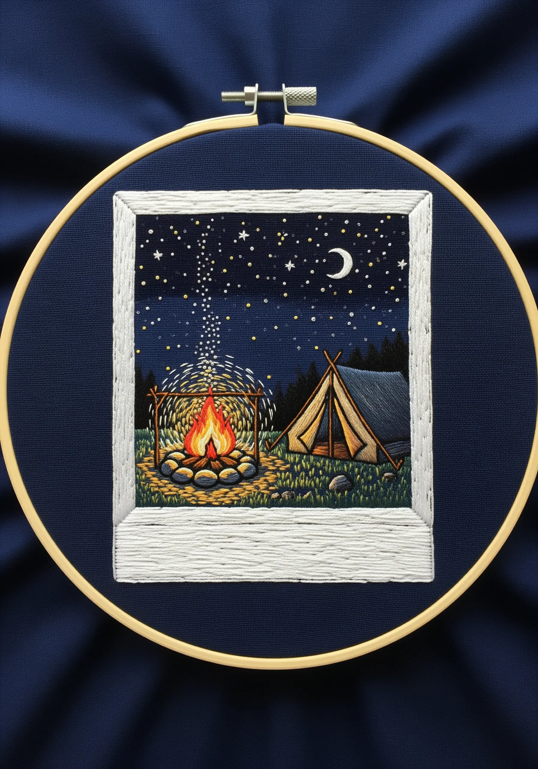 Polaroid-style embroidery of a camping tent at night