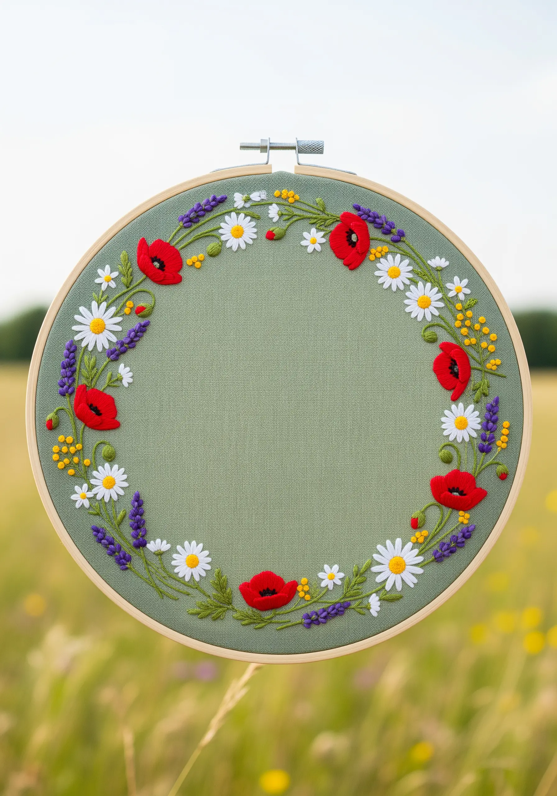 Embroidered wildflower wreath with red poppies, white daisies, and purple lavender on sage green fabric.