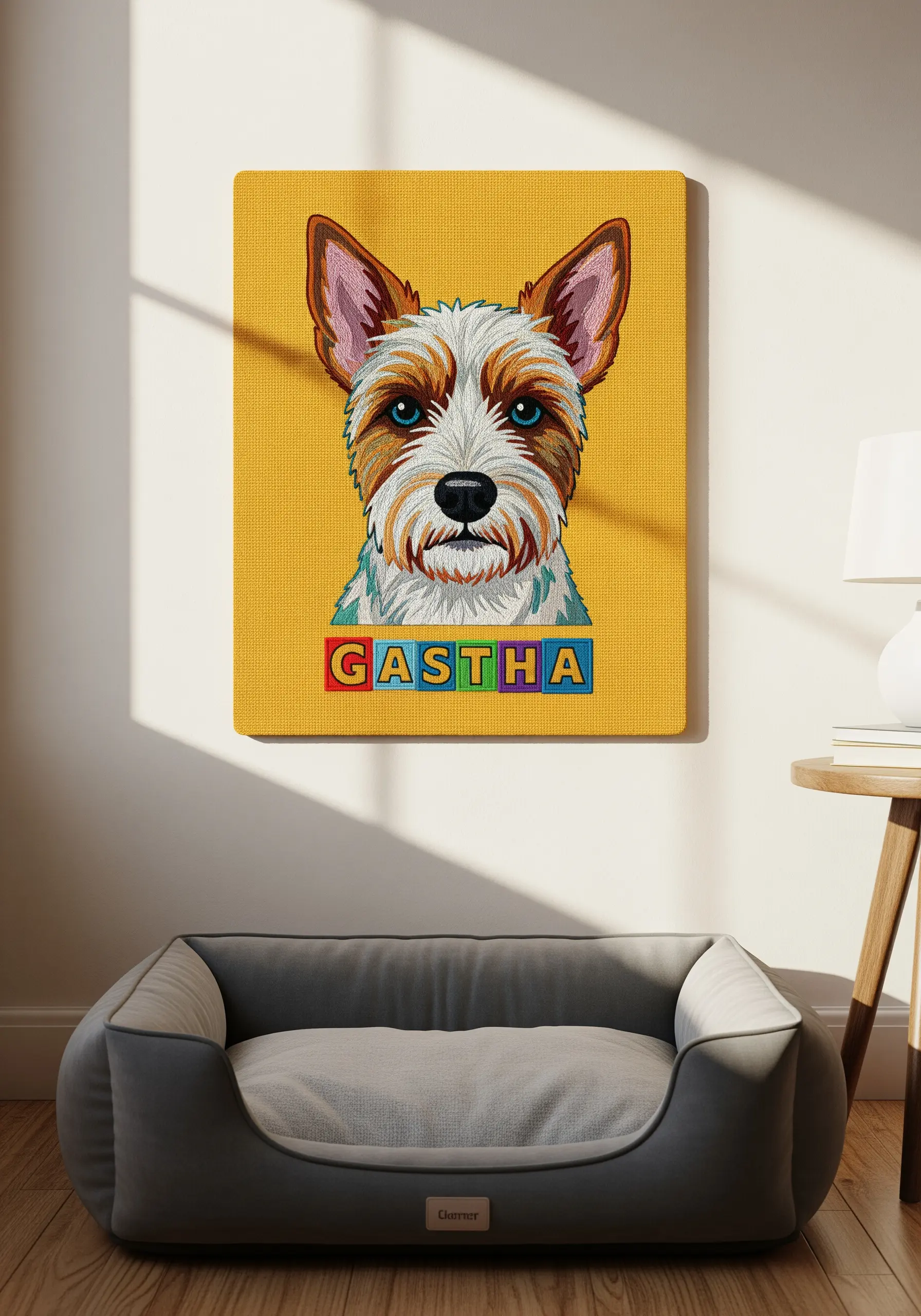 A detailed, thread-painted portrait of a terrier on a bright yellow background.