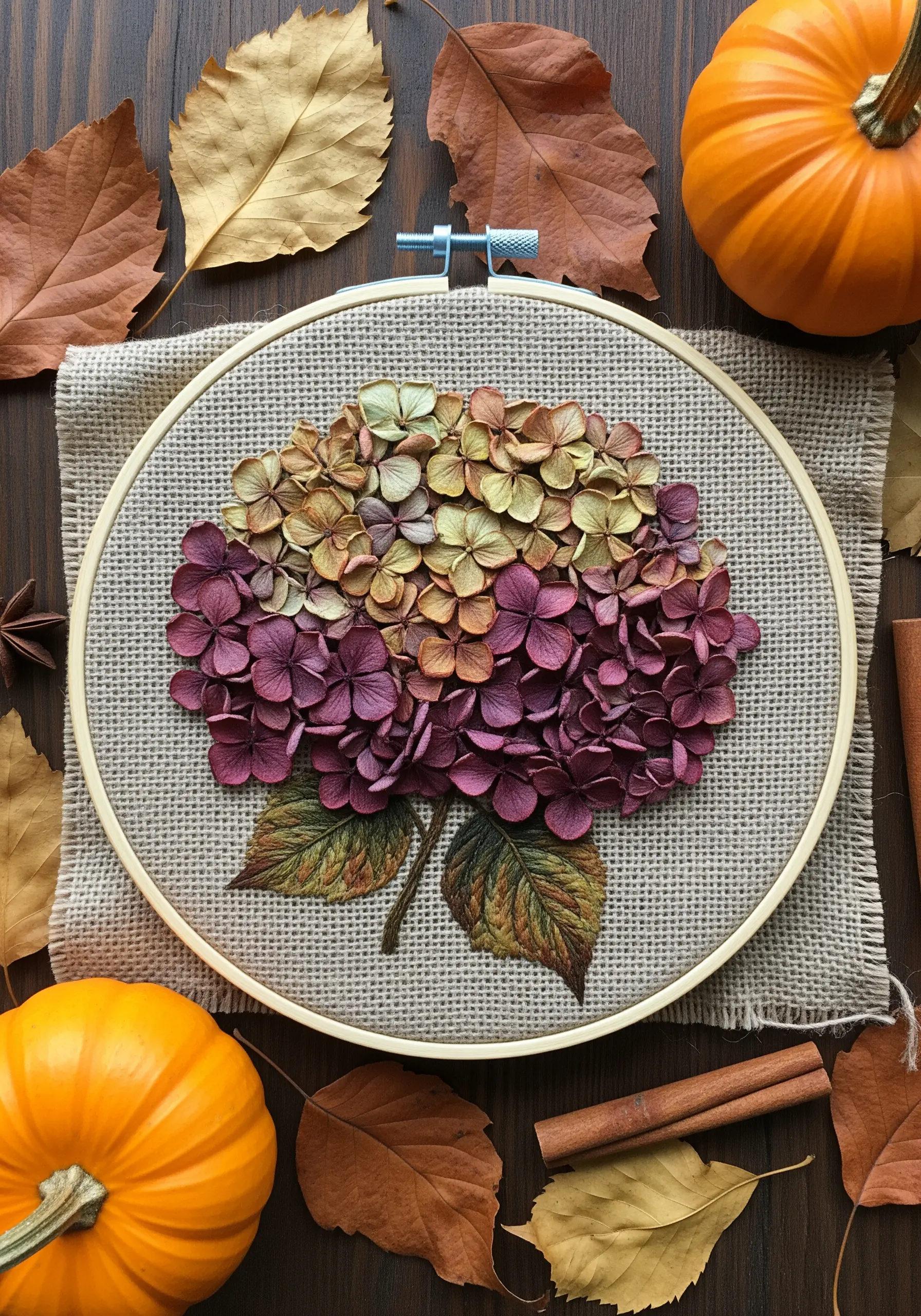 An autumn-toned hydrangea with thread-painted petals in muted purples, golds, and greens.