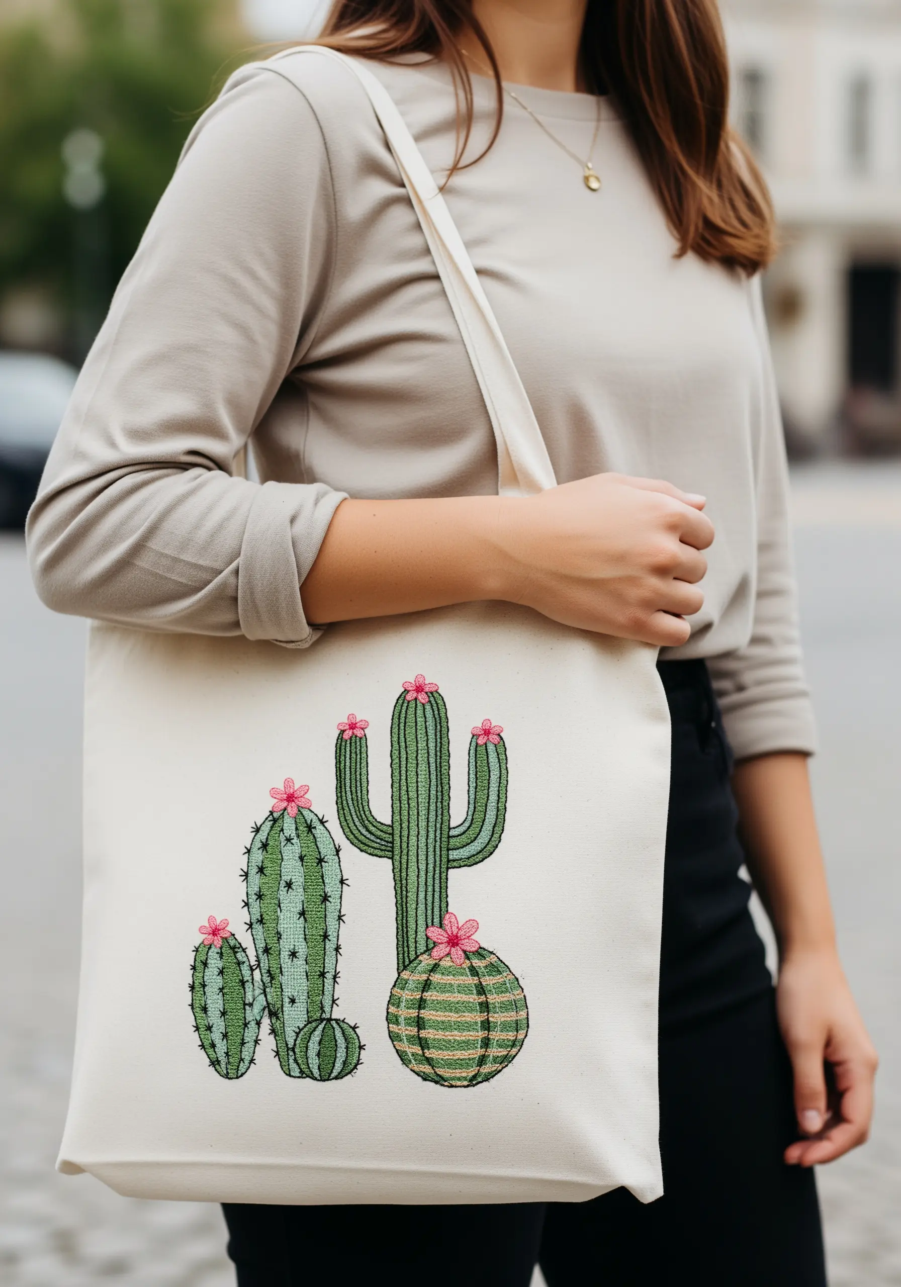 A grouping of three different types of cacti, each with a unique stitch texture.