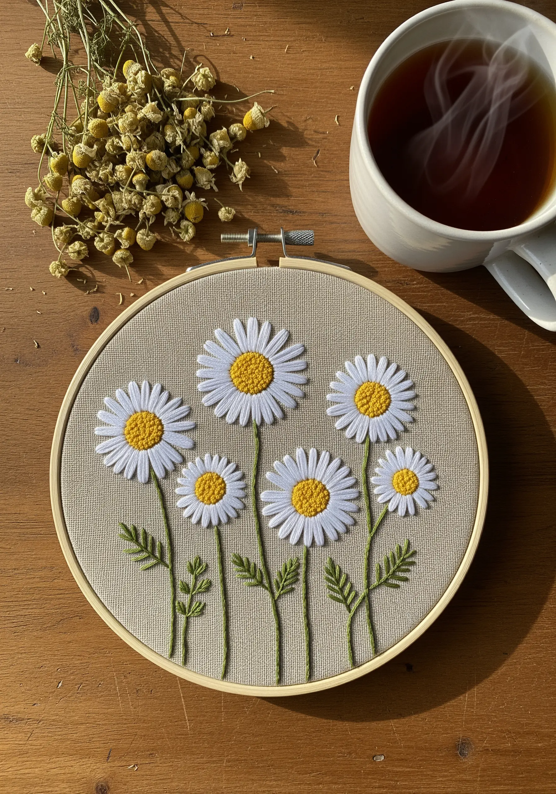 Embroidered chamomile flowers with white satin stitch petals and yellow French knot centers.