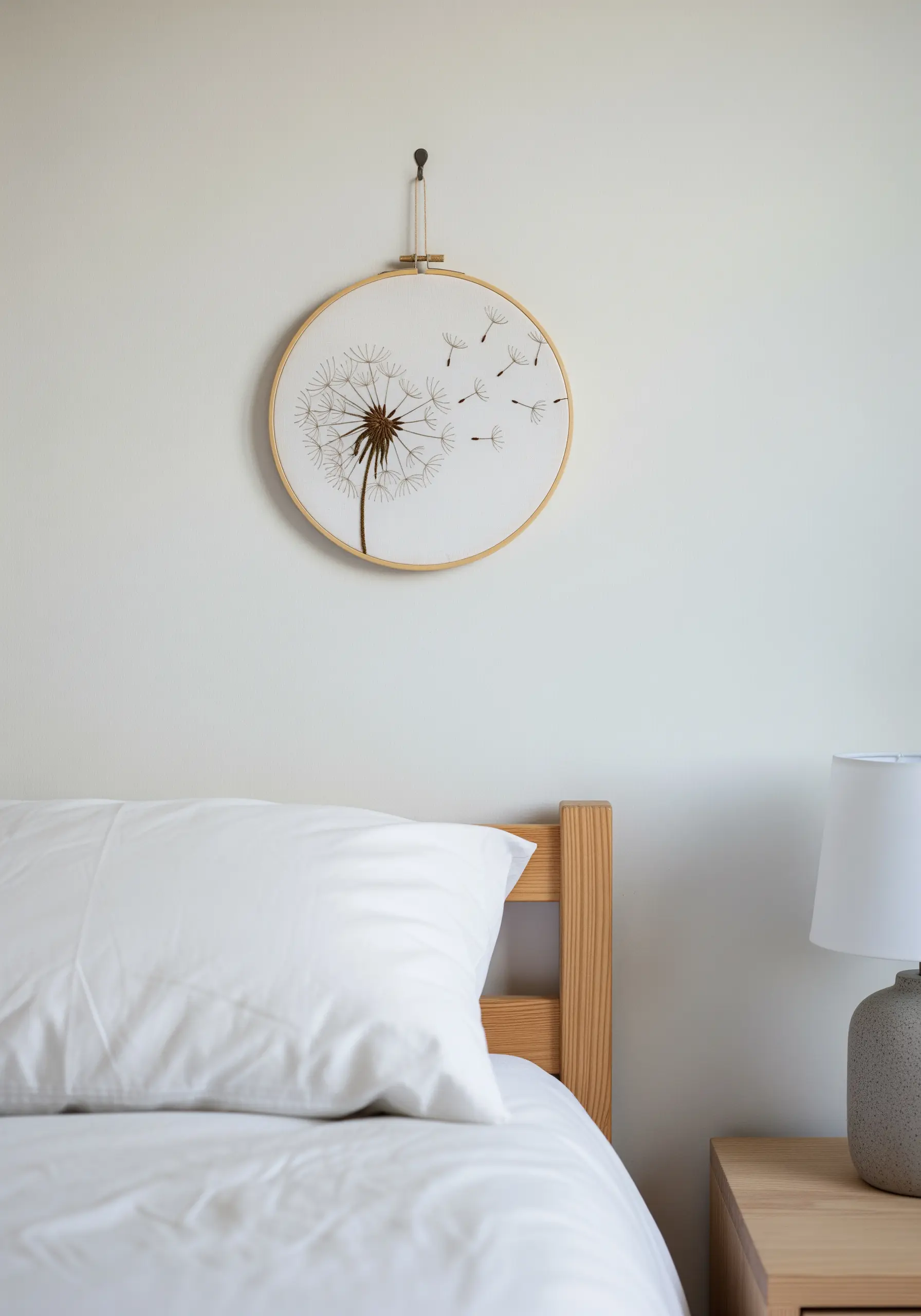 Embroidery hoop art of a delicate dandelion with seeds blowing in the wind.