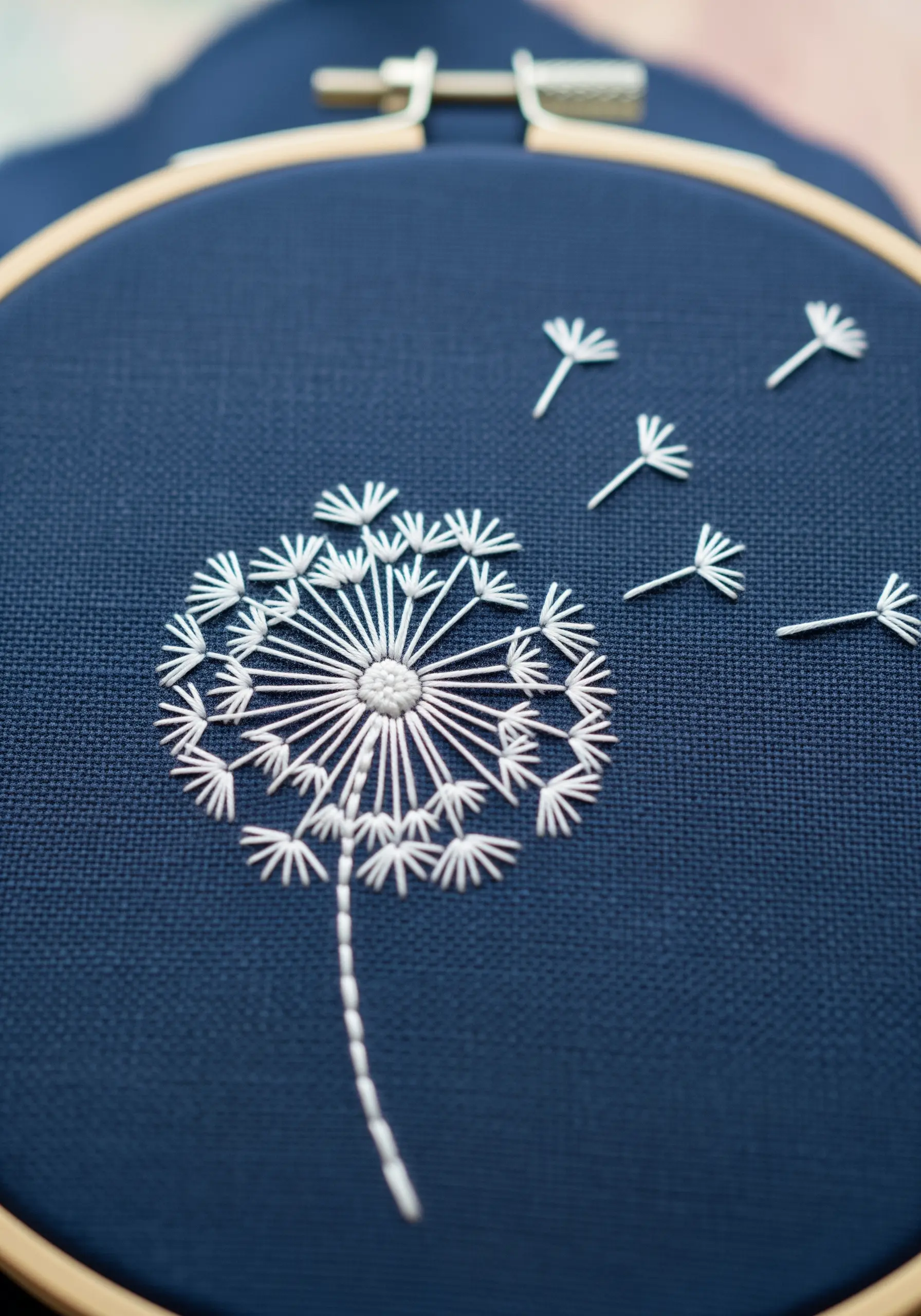A delicate dandelion seed head embroidered in white thread on dark navy blue fabric.