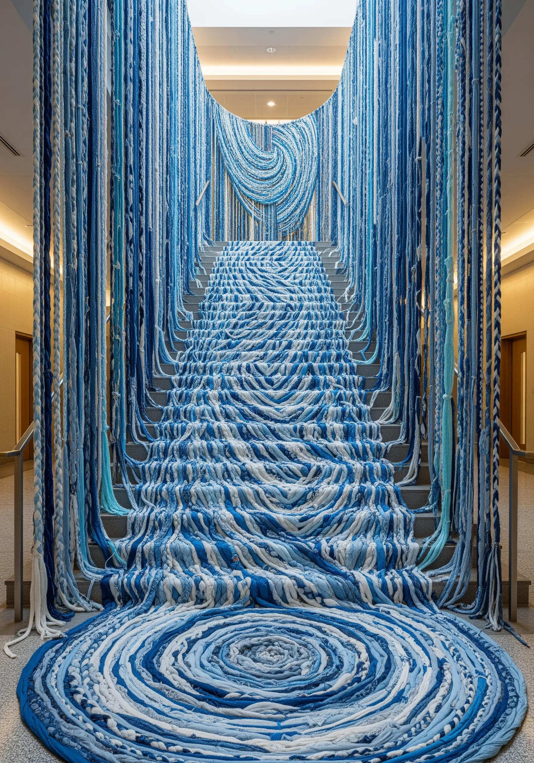 A staircase transformed into a waterfall of blue and white braided and twisted yarns.