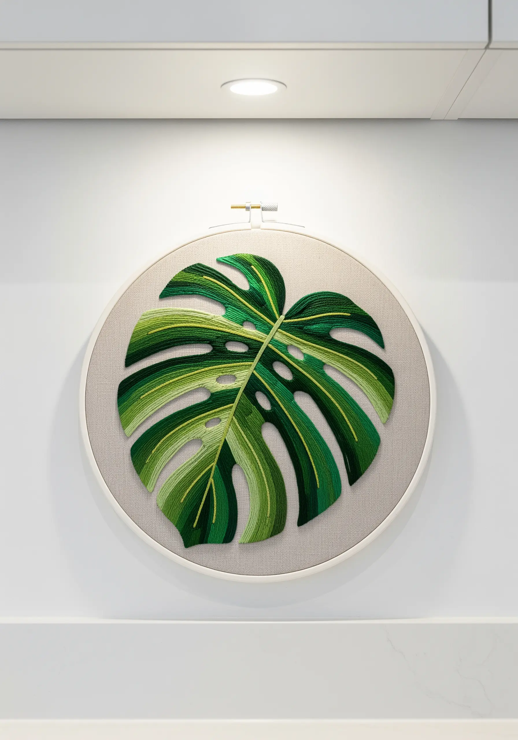Embroidery of a monstera leaf in a hoop, using satin stitch and color blocking with green shades.