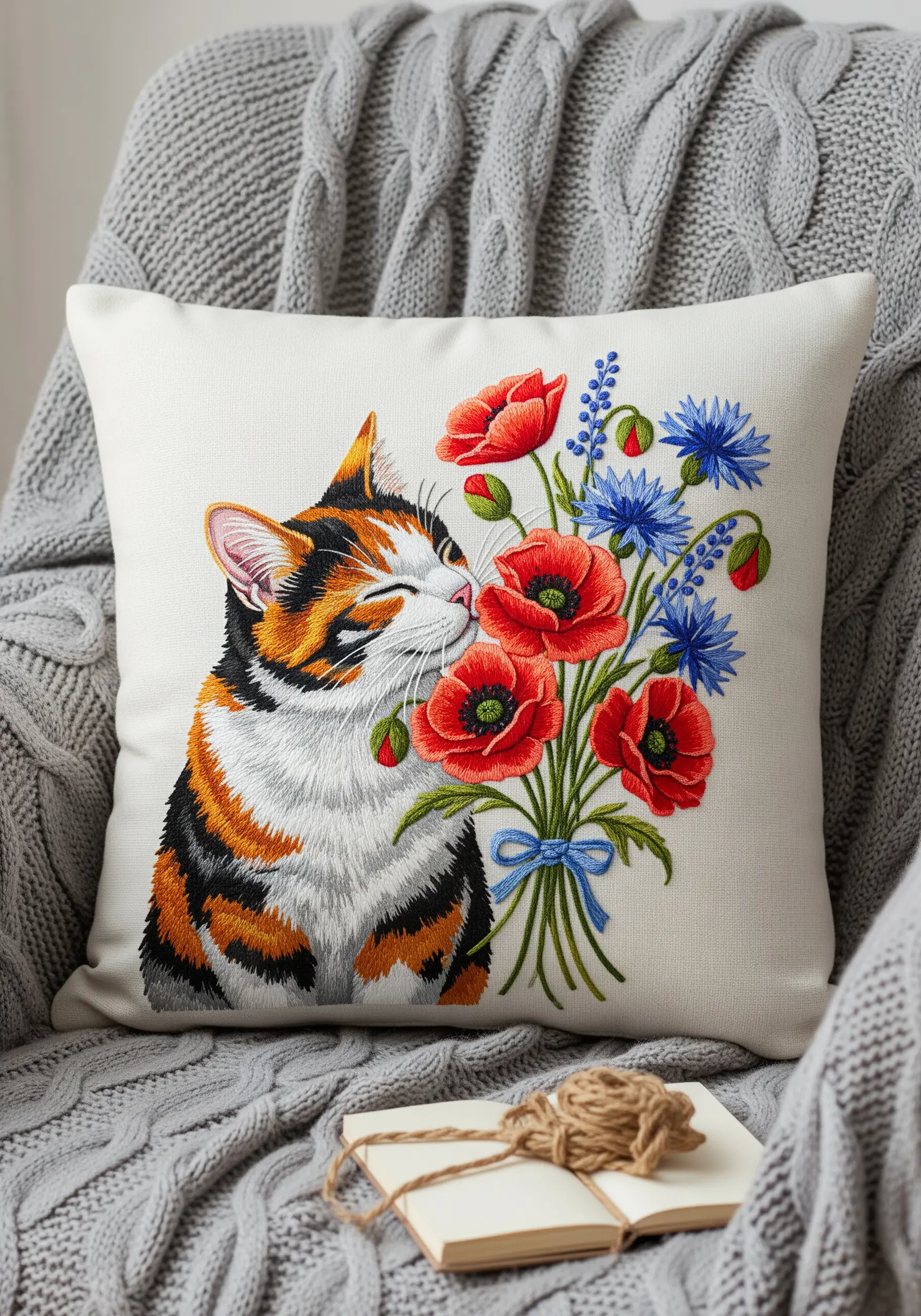 Thread-painted calico cat on a pillow smelling embroidered poppies.