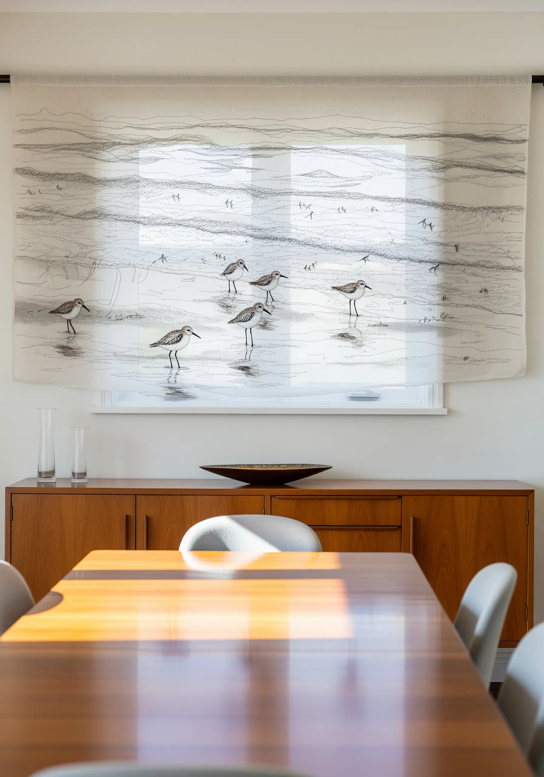A sketch-style embroidery of sandpipers on a sheer fabric panel hanging over a window.