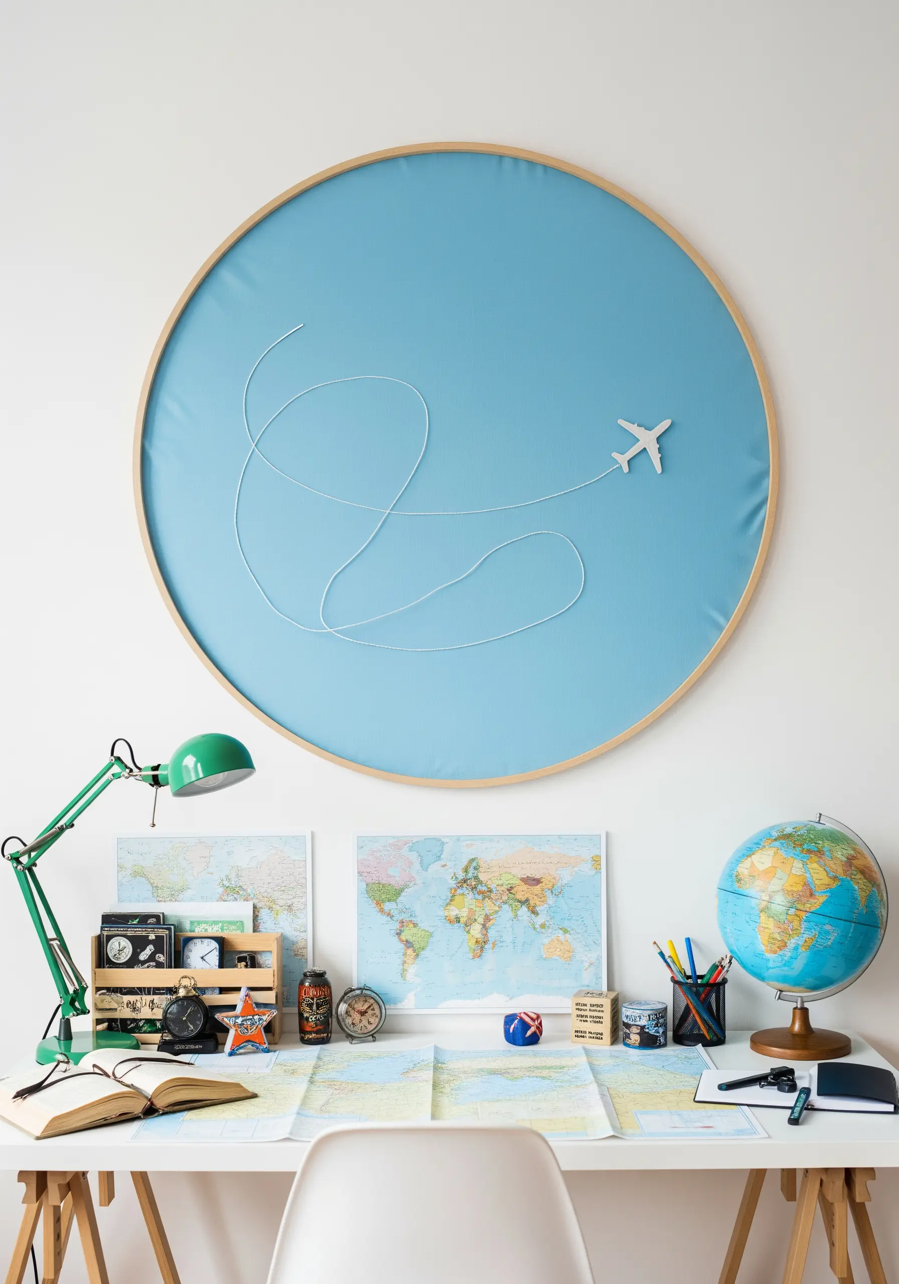 A small airplane with a long, looping flight path stitched in white on a large blue hoop.