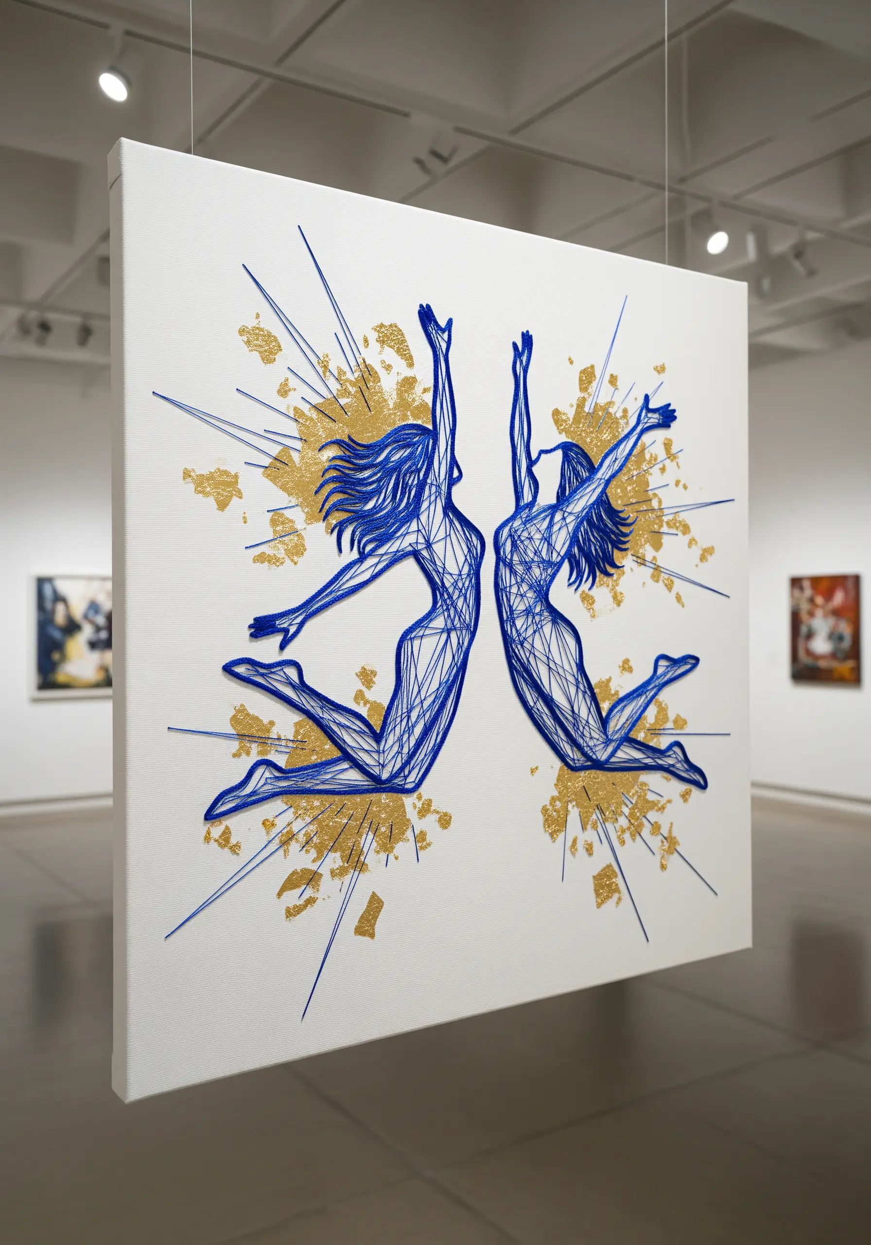 Two figures stitched with energetic blue lines, exploding from bursts of applied gold leaf on canvas.