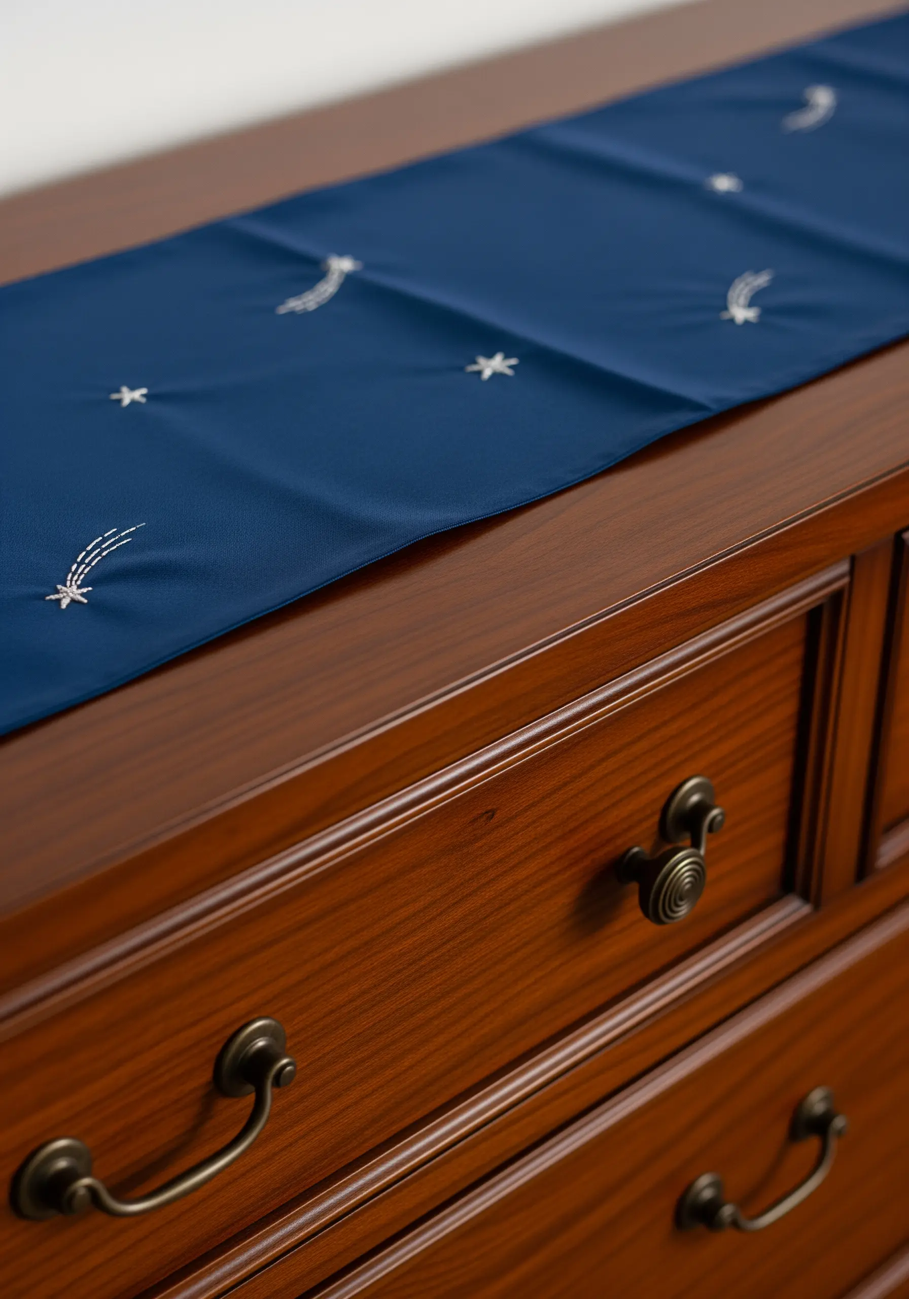 A navy blue dresser runner with small embroidered shooting stars in white thread.