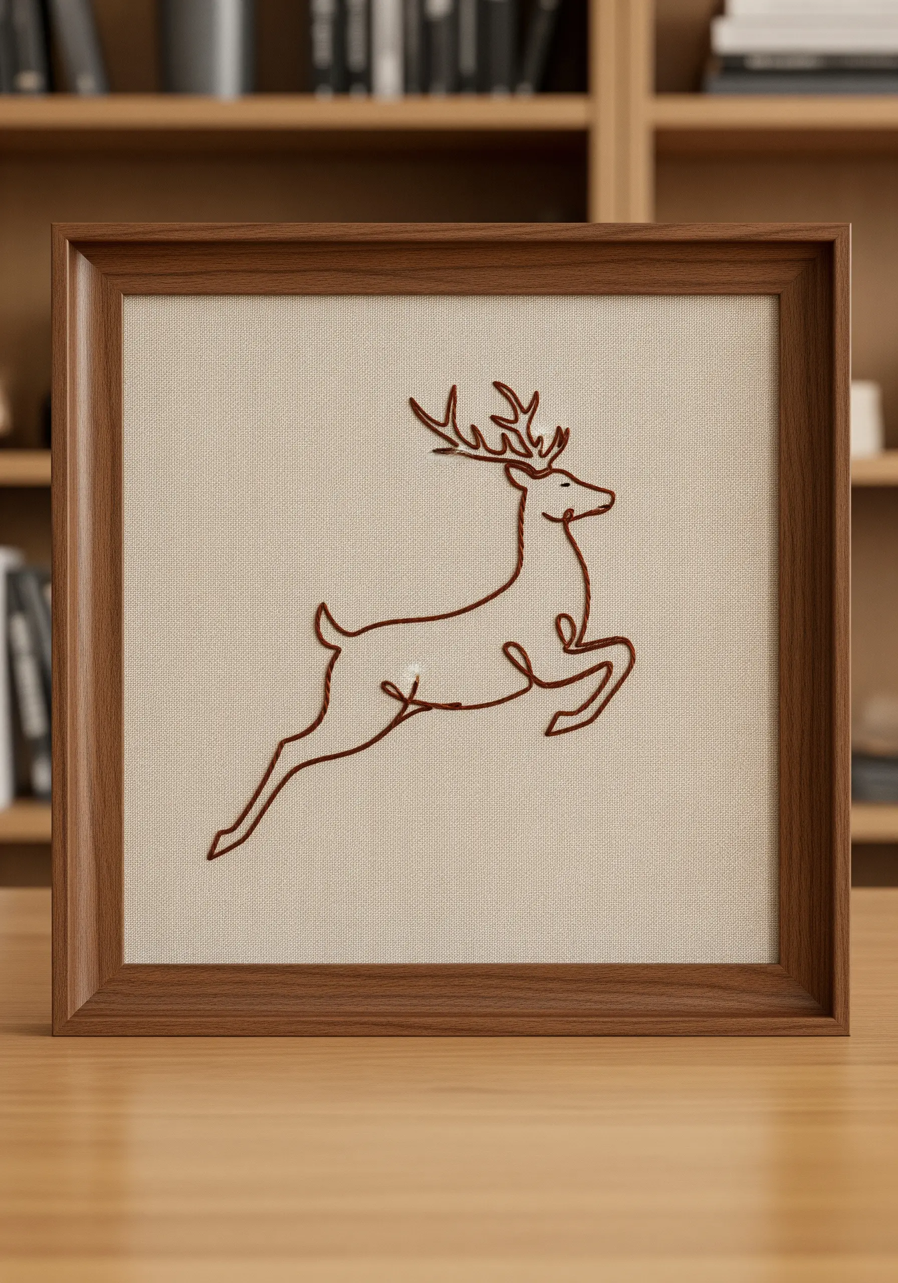 A leaping deer embroidered in a single, continuous reddish-brown line on beige fabric.