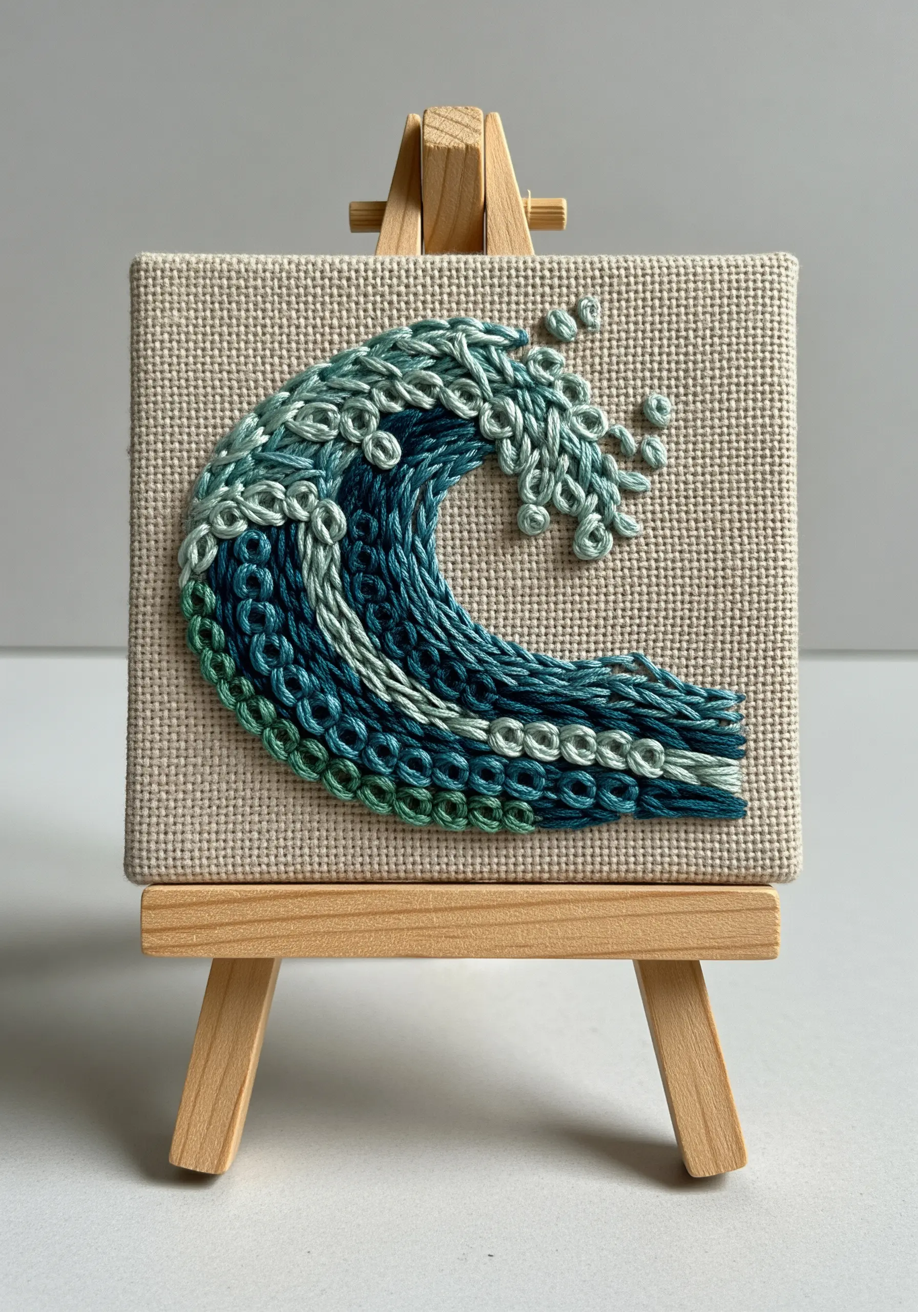 An embroidered wave on a mini canvas, using rows of chain stitch in shades of blue.