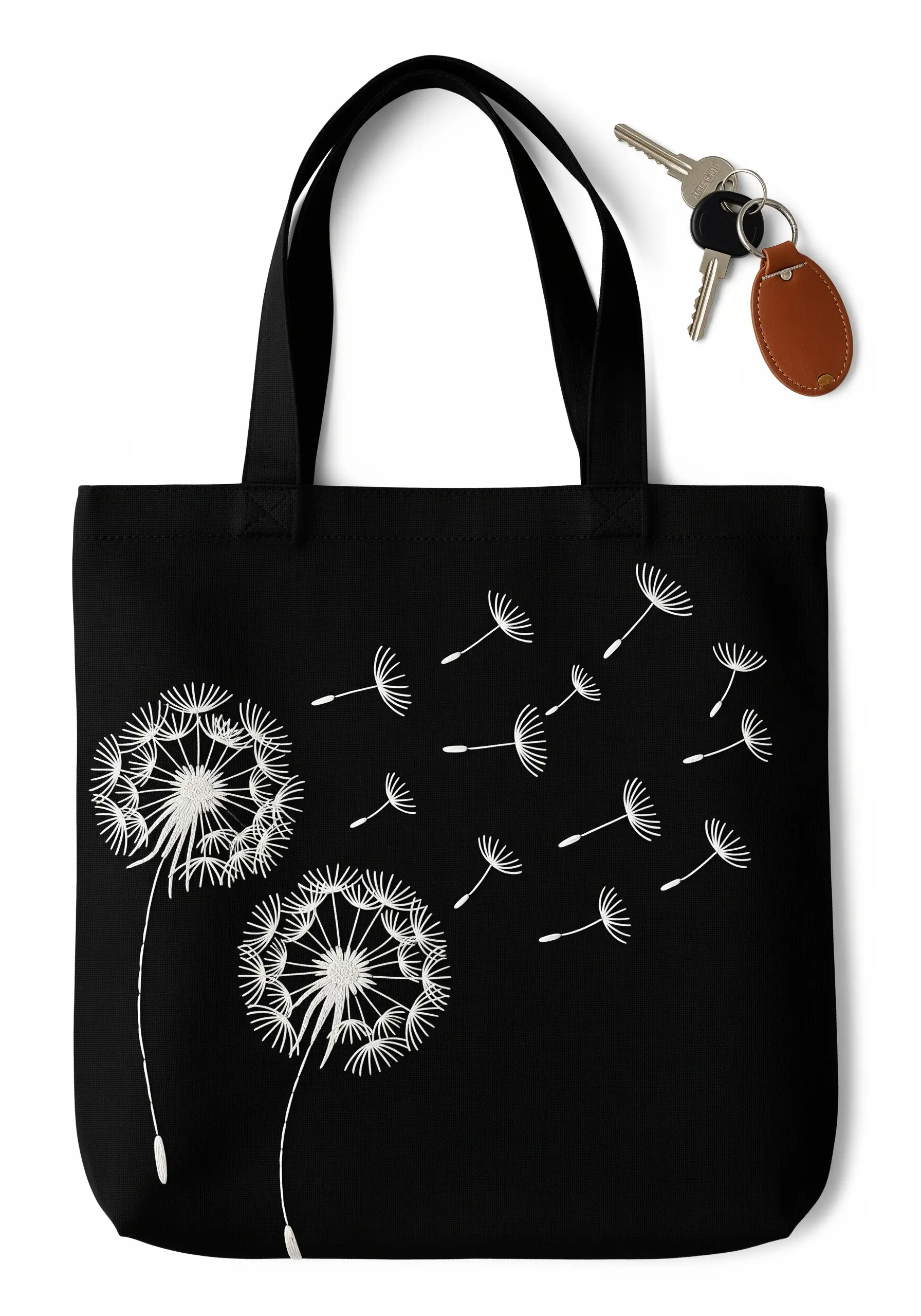 White embroidered dandelions with seeds blowing in the wind on a black tote bag.