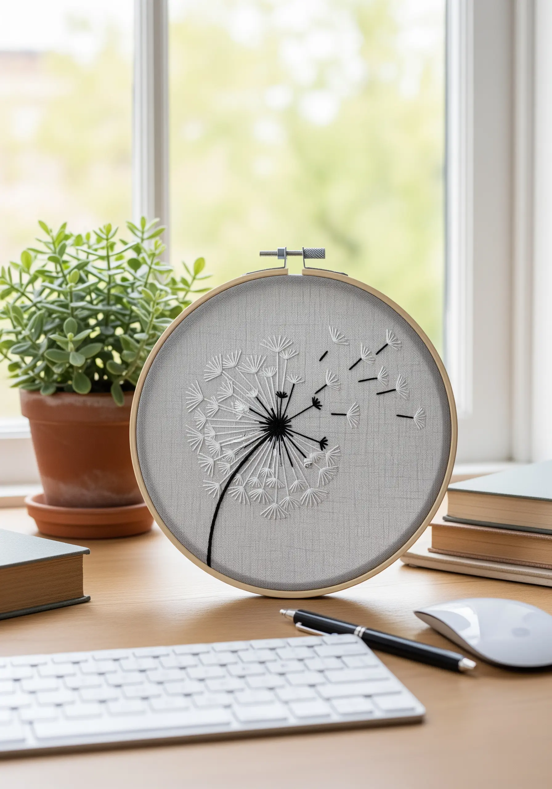 Dandelion with seeds blowing away, stitched in white and black thread.