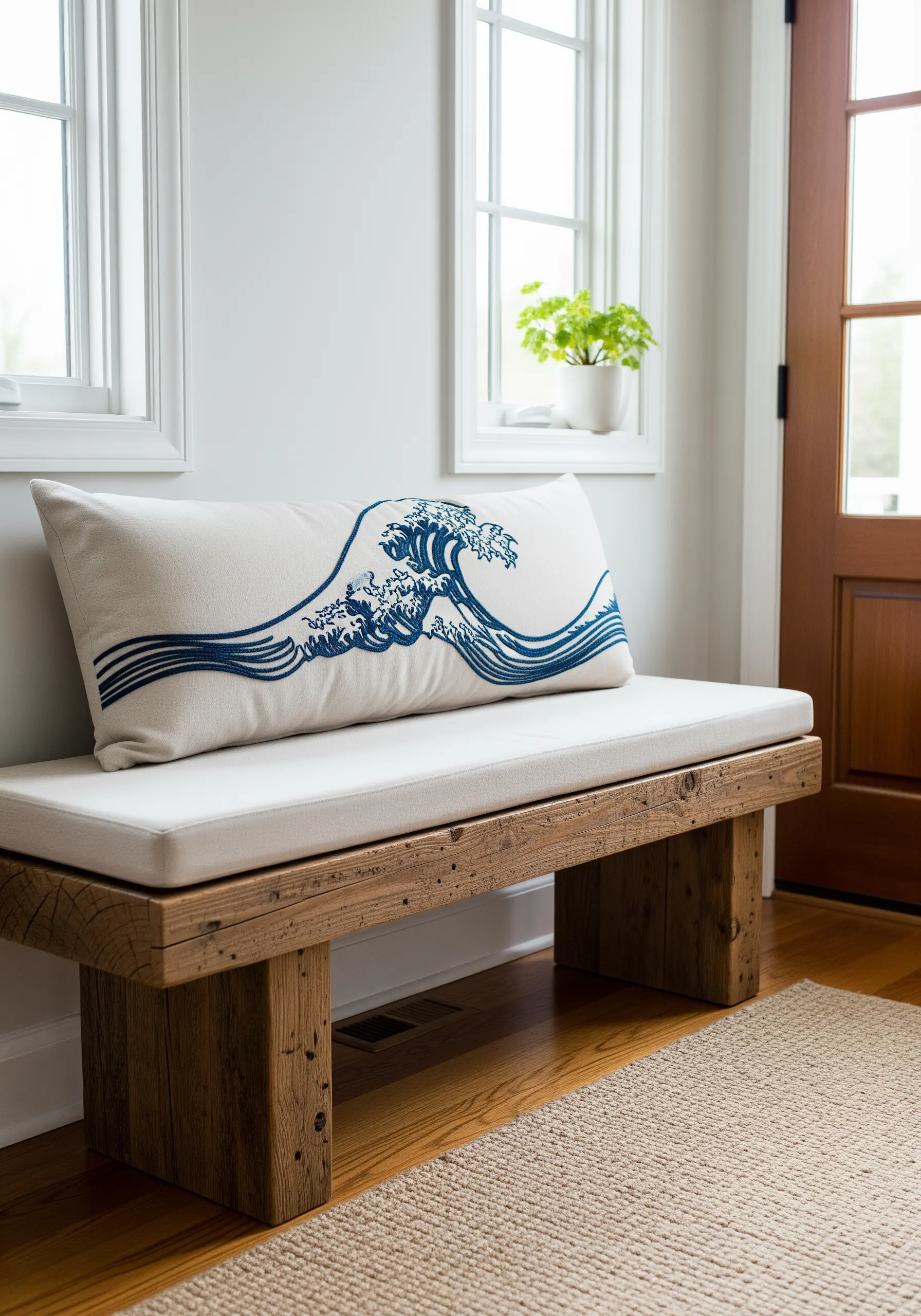 A stylized Great Wave motif embroidered in dark blue on a long white bench cushion.