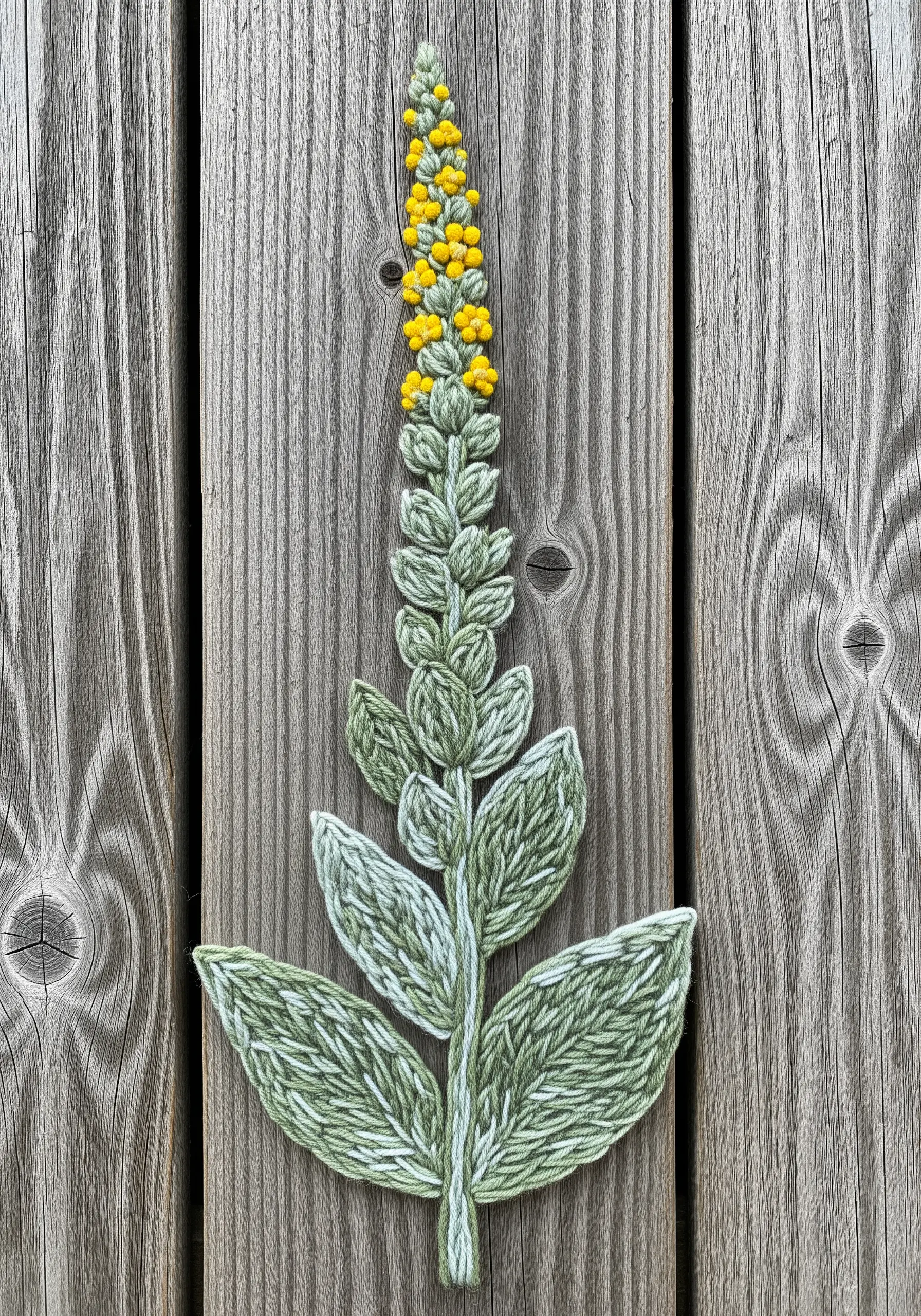 A textural embroidery of a mullein stalk using fuzzy green and white yarn.