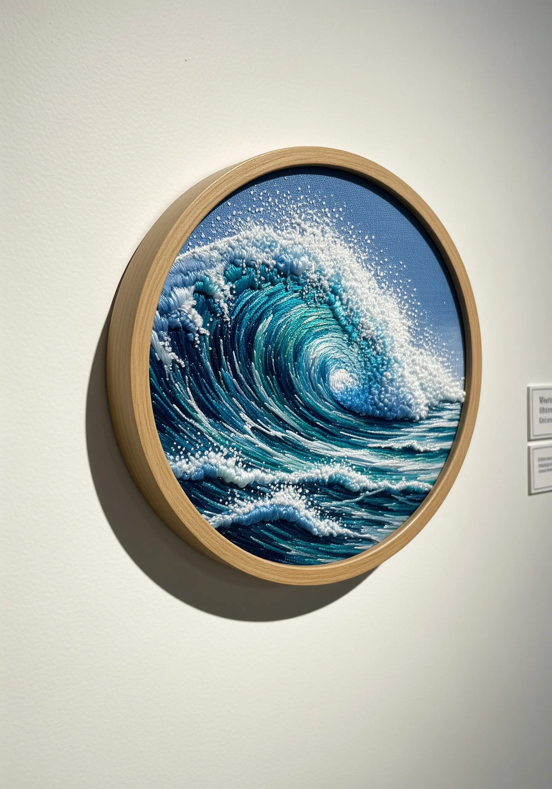 Detailed embroidery of a turquoise ocean wave in a circular wood frame on a white wall.