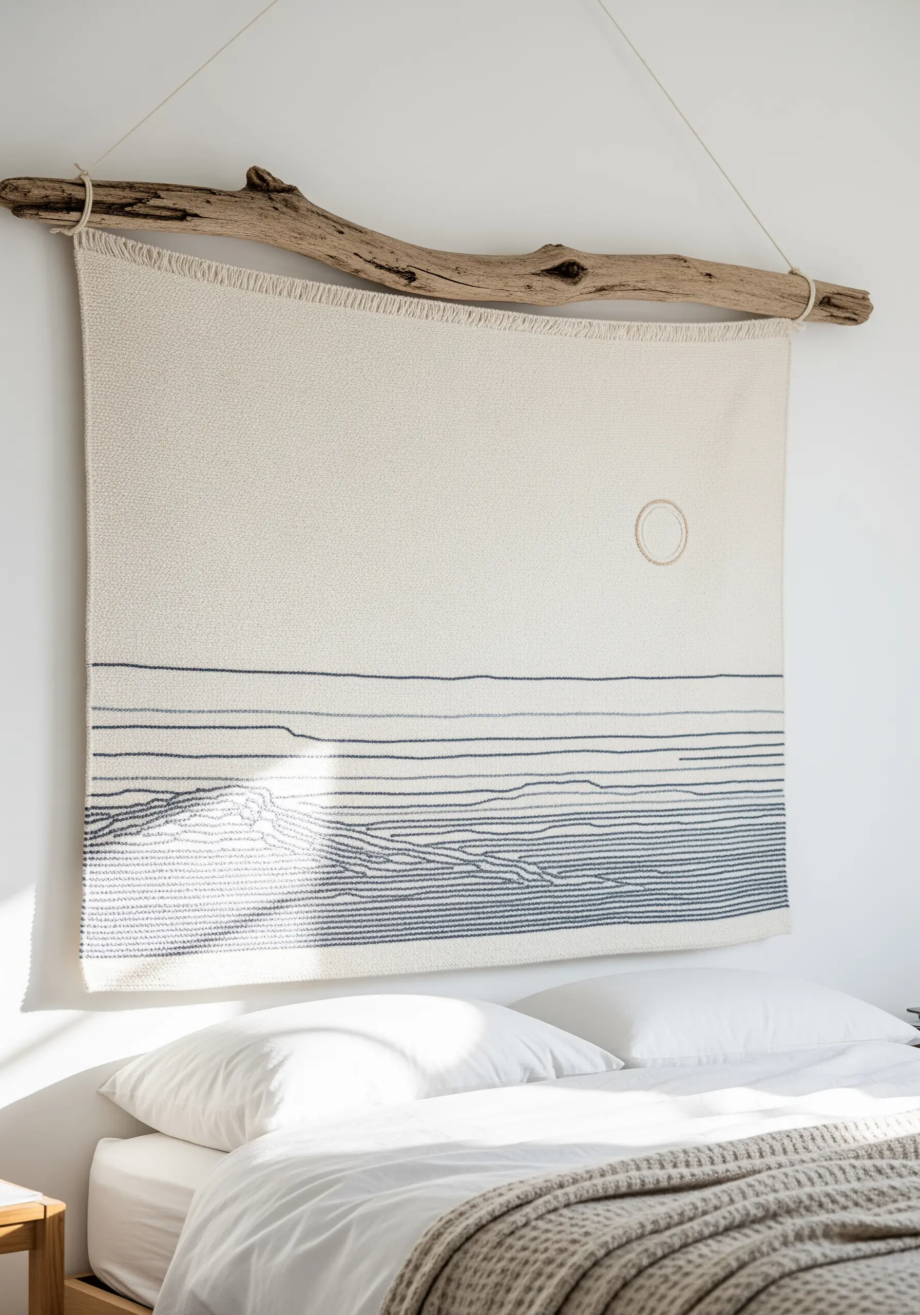 Minimalist wall hanging with blue line embroidery on off-white fabric, hung from driftwood.