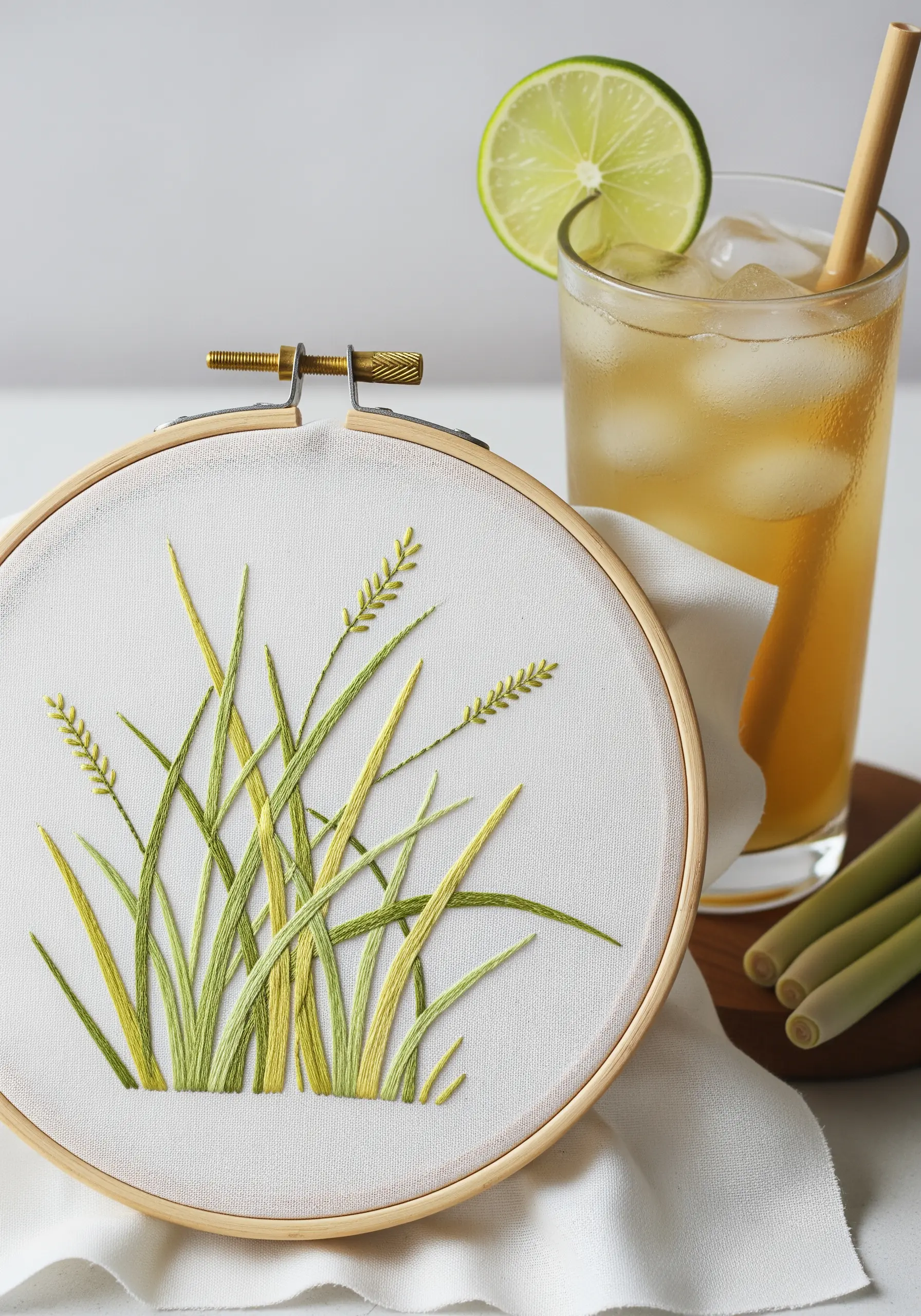 Embroidered lemongrass blades in varying shades of green and yellow in a hoop.