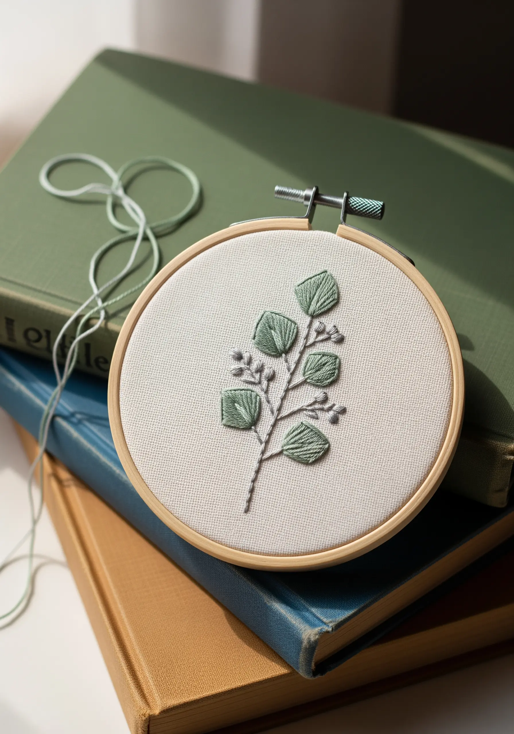 An embroidered eucalyptus branch with dusty green fishbone stitch leaves on white fabric.