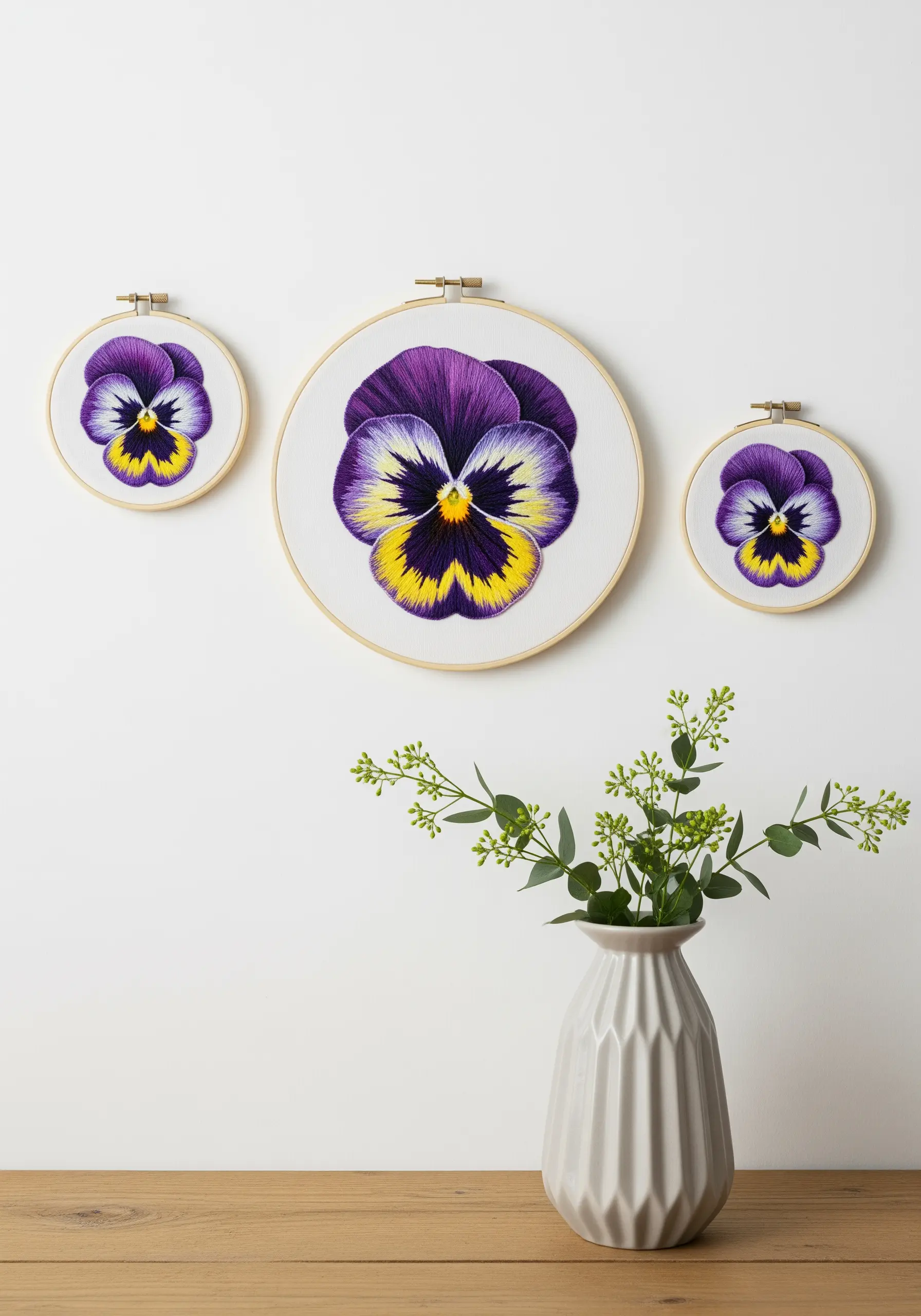 Set of three embroidery hoops featuring purple and yellow pansies